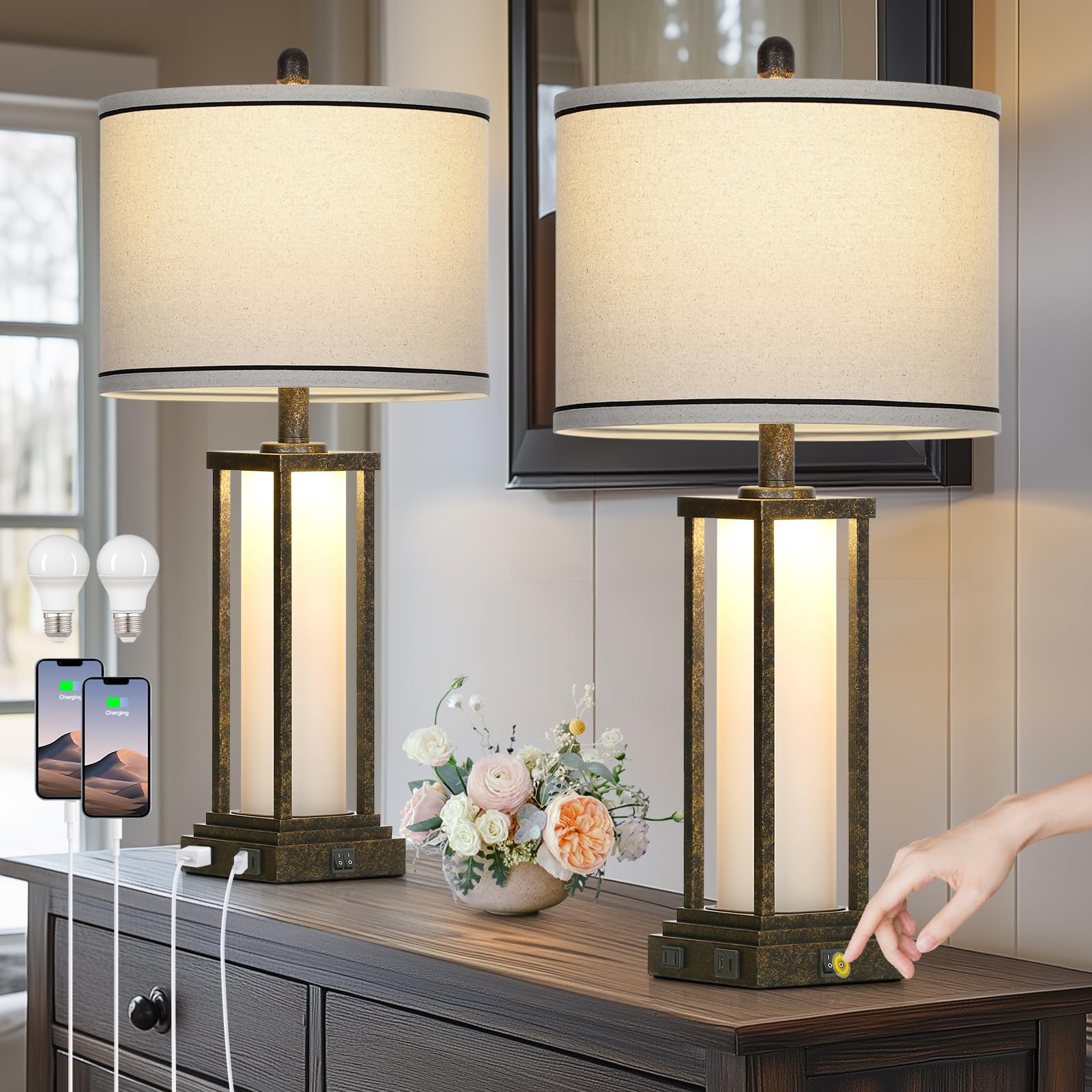 IJBUHV - Vinttable Lamp Set USB Outlet Industrial Bedside Frosted Glass