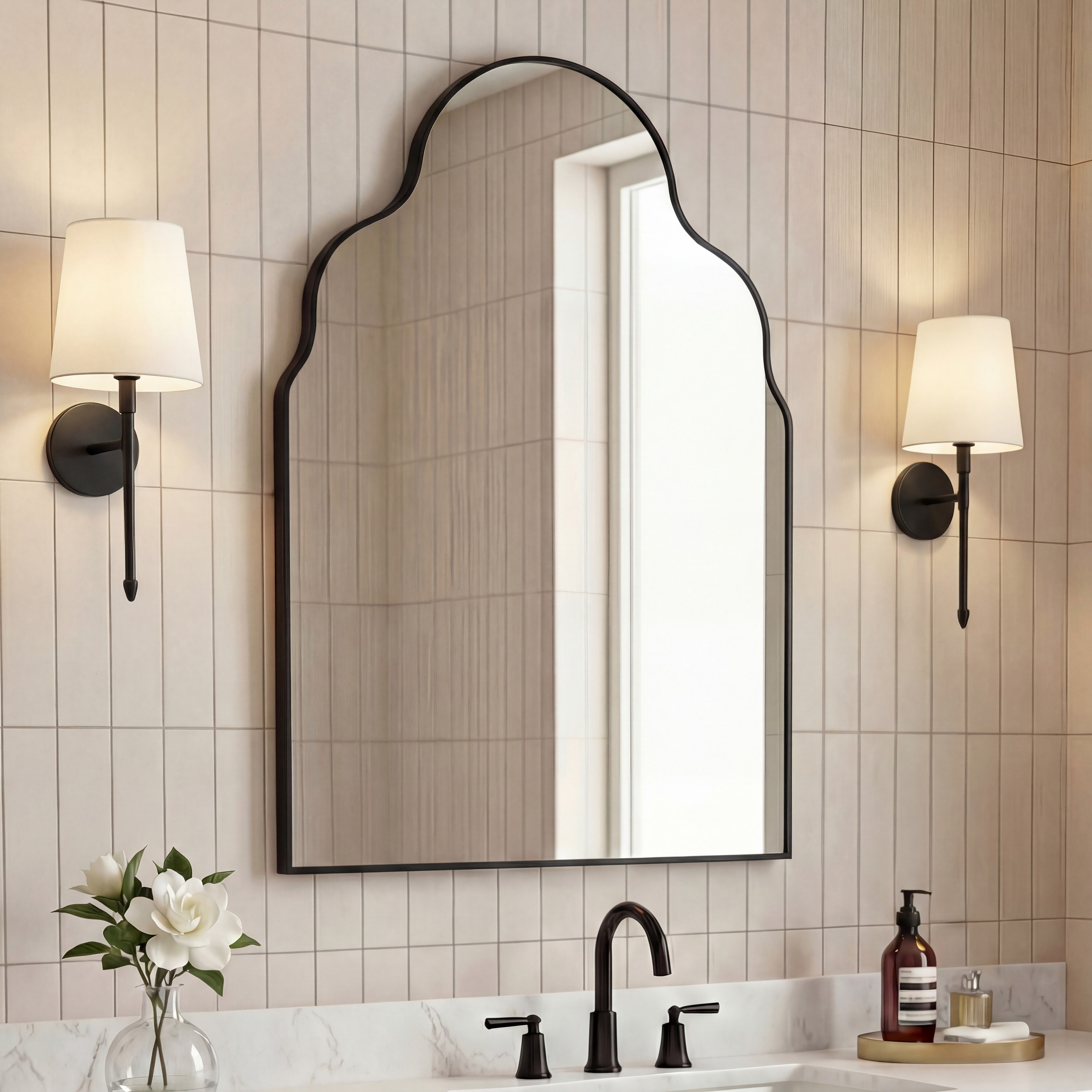 JONATHAN  Y - Alora 24-in. W x 36-in. H Medium Top Arch Metal Framed Wall Mounted Mirror - Black