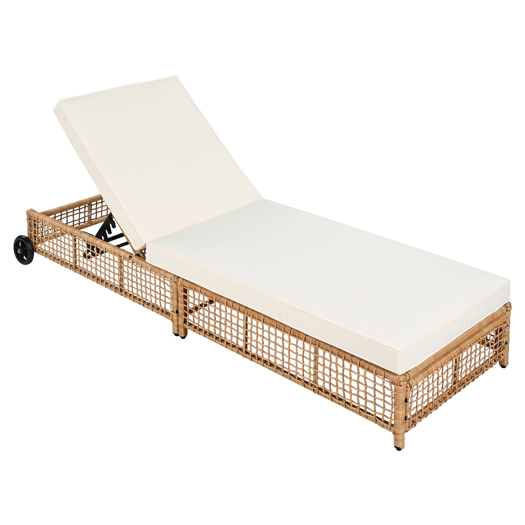 SINOFURN SYB140003WD Rattan Natural Iron Frame Stationary Chaise Lounge Chair with Beige Cushioned Seat