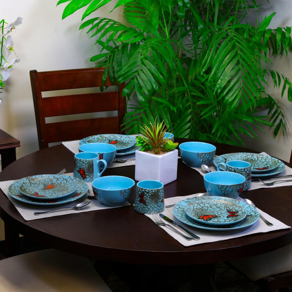 Butterfly Garden Blue and Gold Ceramic Dinnerware Set, Service for 4