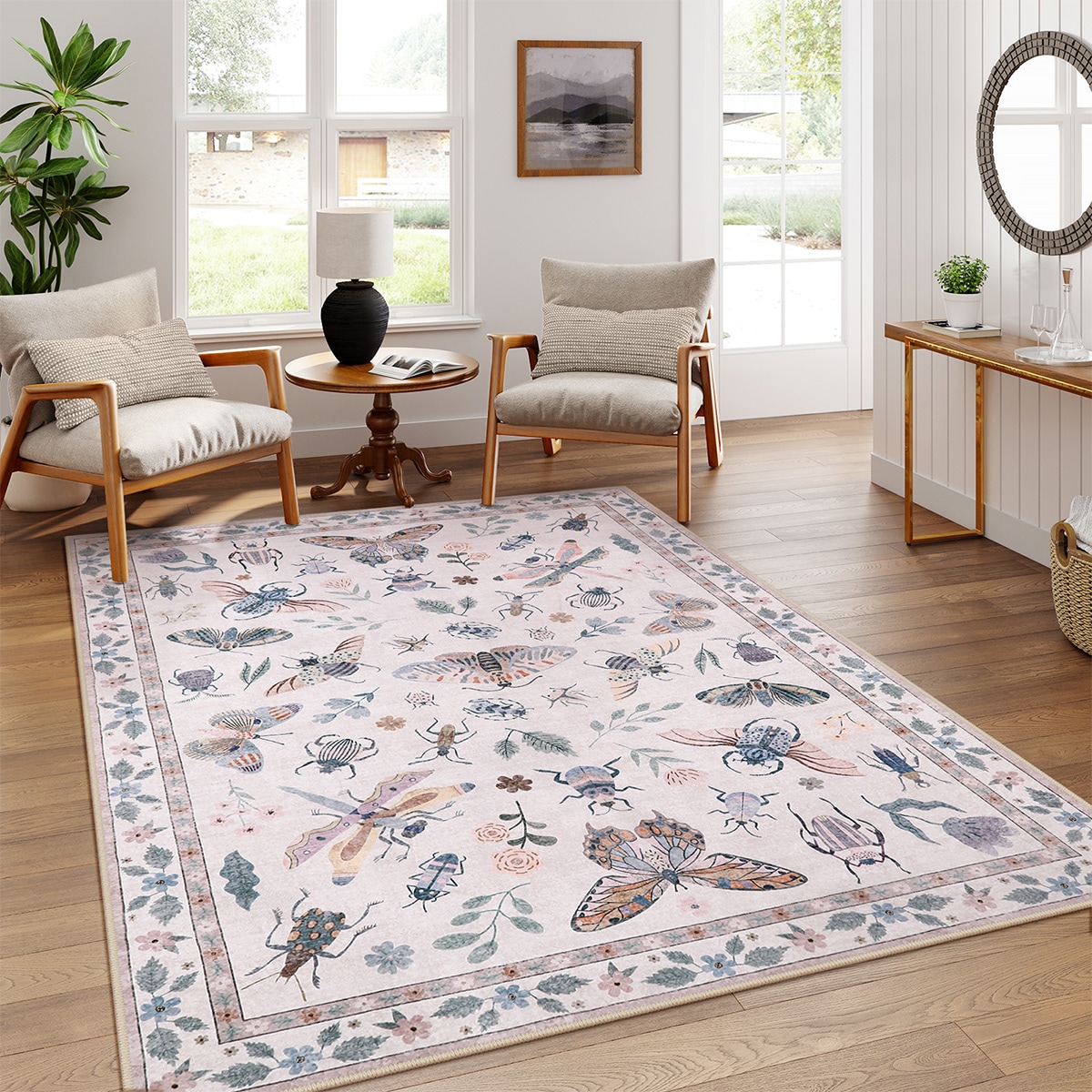  AR-DYR-216-LP2 6ft x 9ft Light Pink Machine Washable Animal Life Insects Area Rug