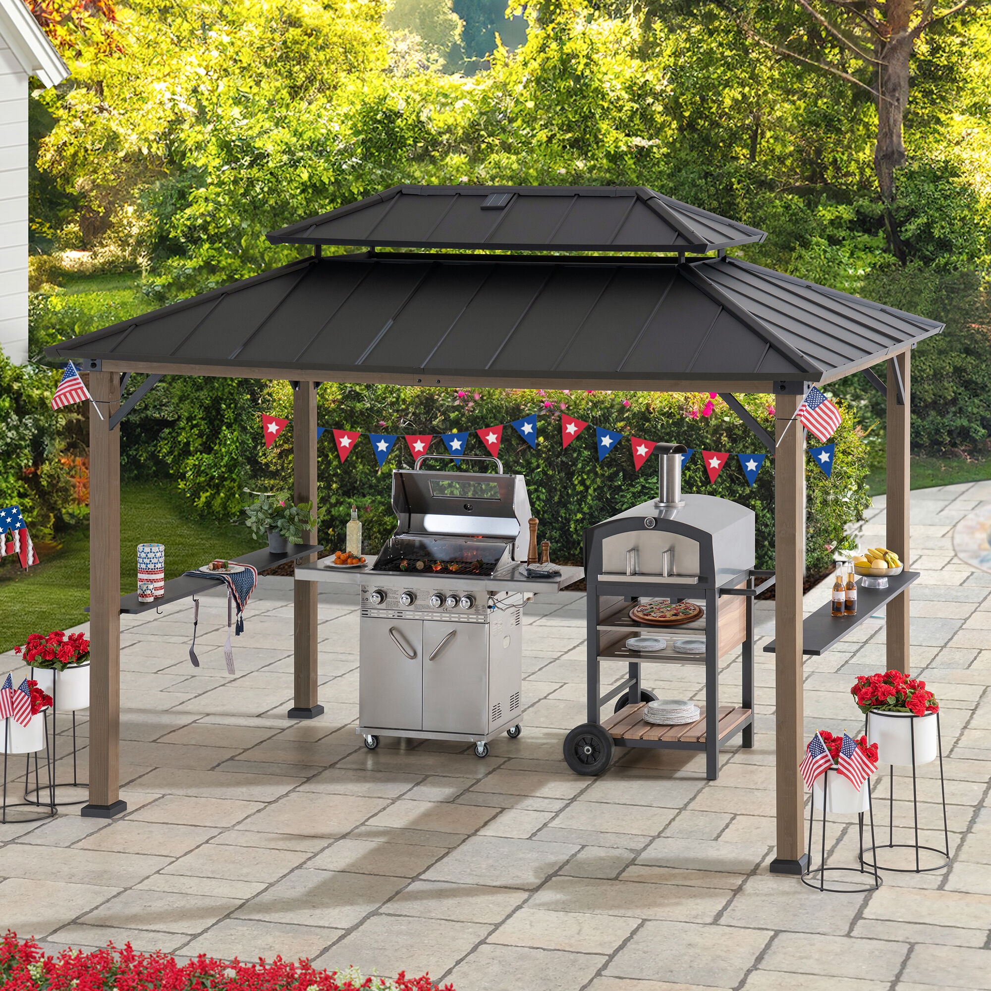 Sunjoy A104003810 8-ft x 12-ft Brown Rectangle Grill Gazebo with Hardtop Steel Roof