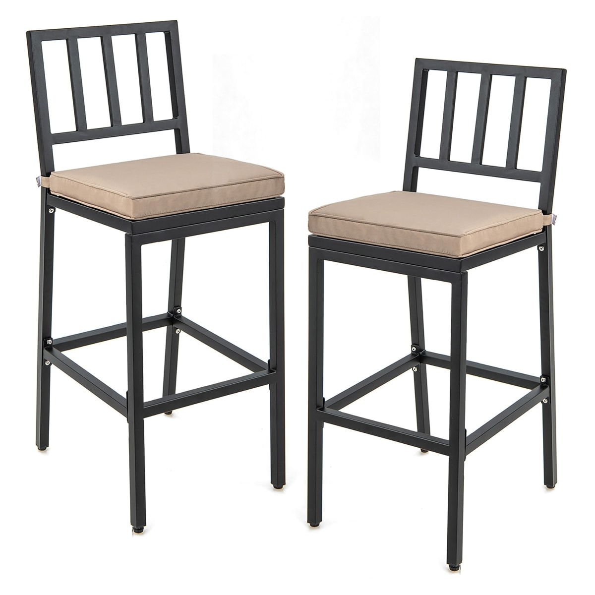 Costway JV10750DK-2 Set of 2 Patio Metal Bar Stools Outdoor Bar Height Dining Chairs with Cushion