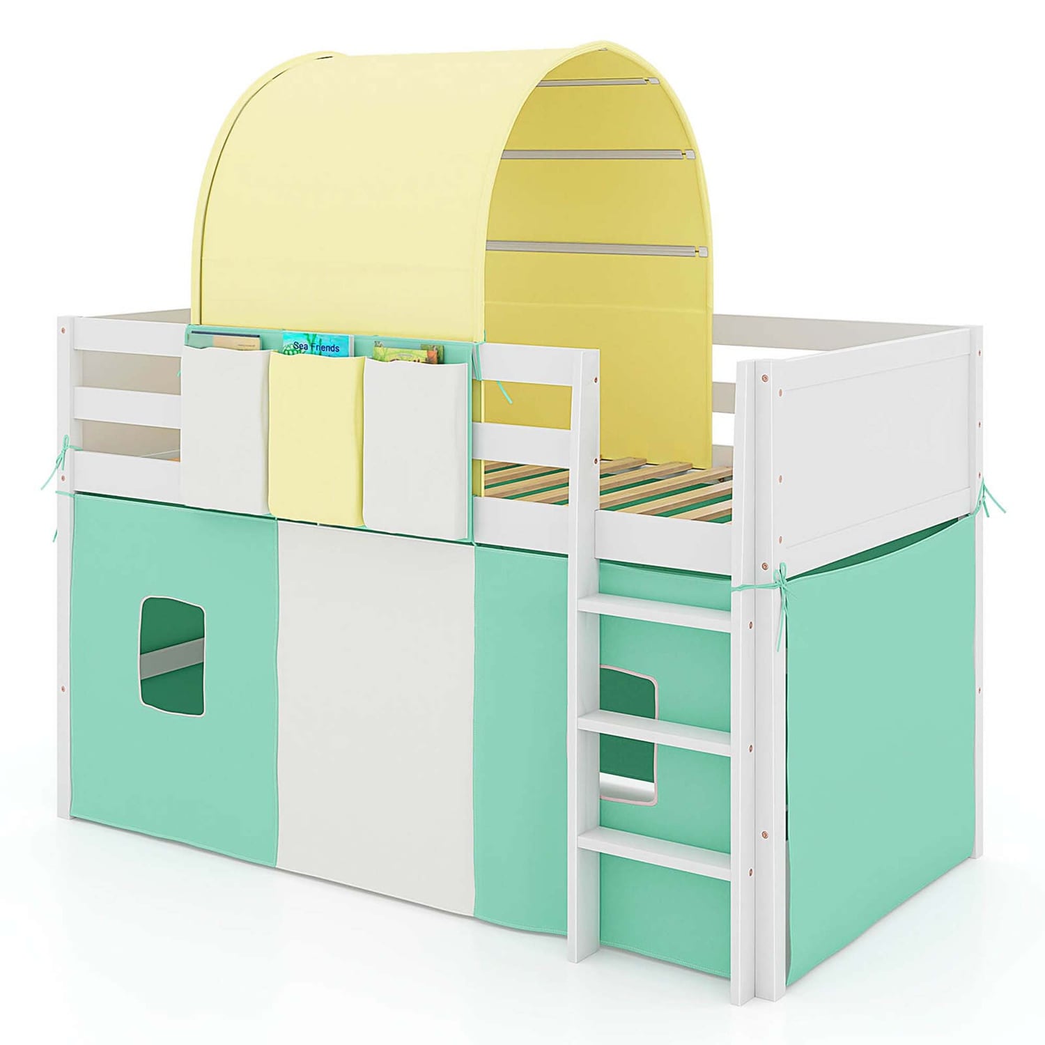 Costway HCST02597 Twin Loft Bed with Tower and Tent 3 Storage Pockets Safety Guardrail and Ladder Turquoise