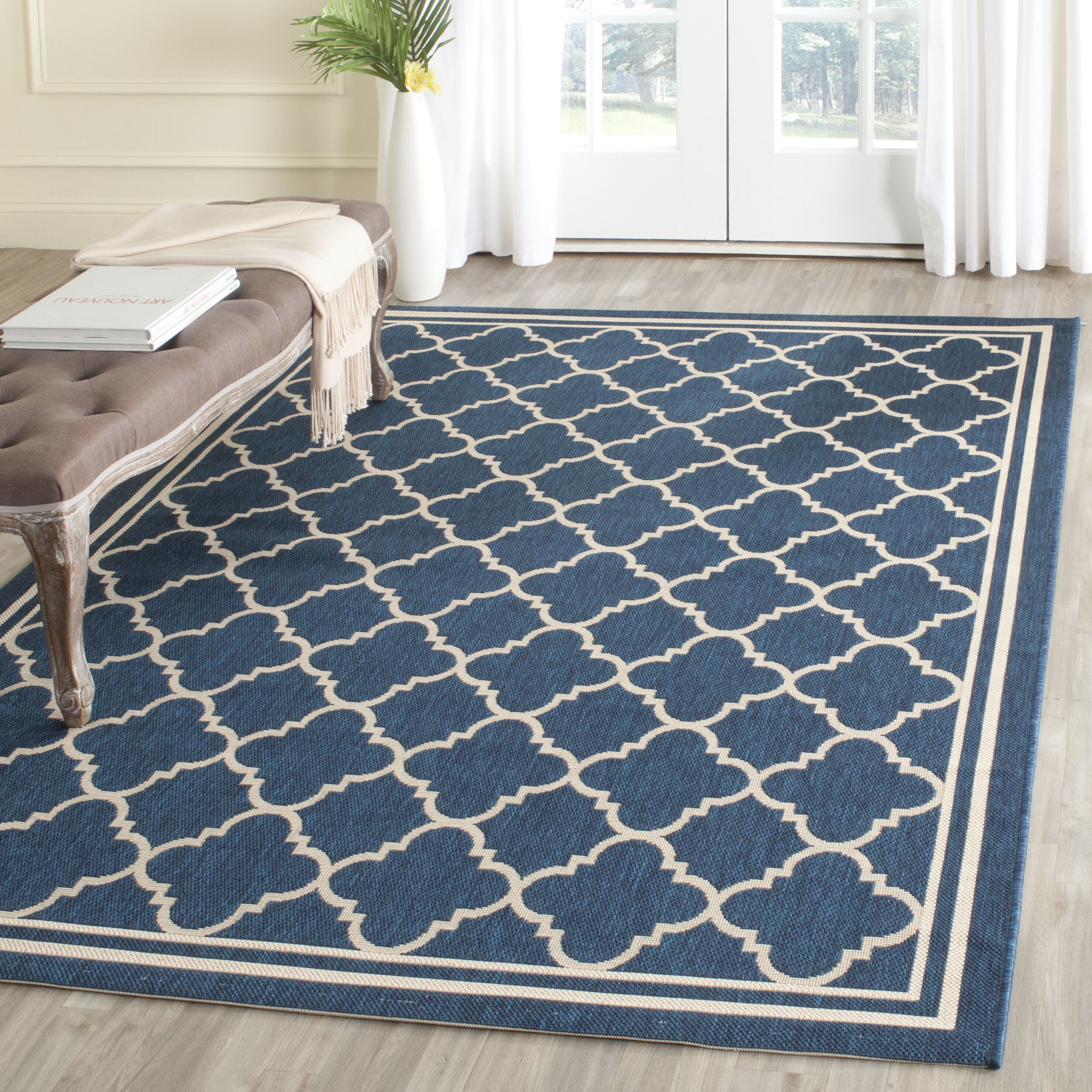 8x11 Feet Navy Blue Beige Trellis Contemporary Outdoor Patio online Area Rug