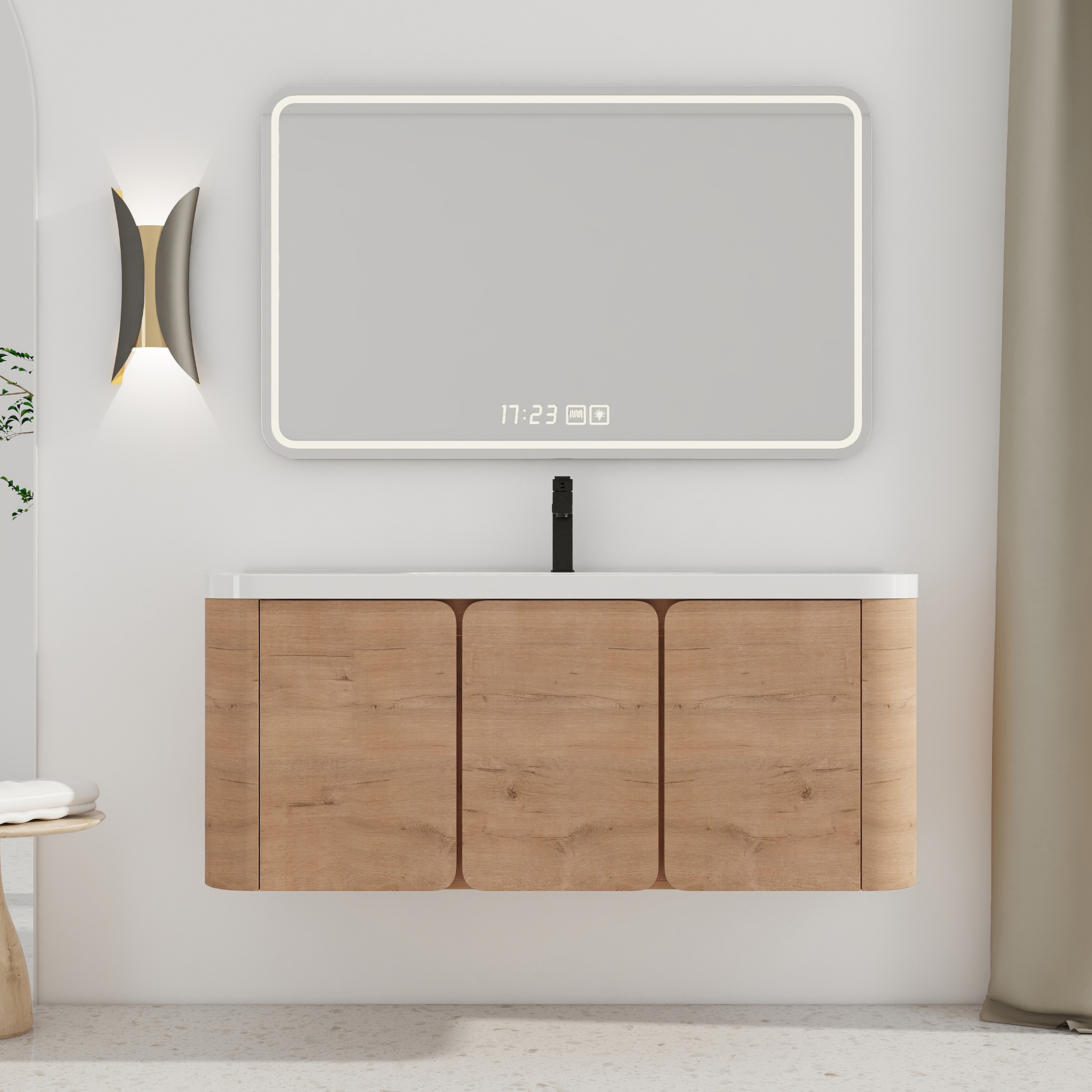 Afhocomp 48 in. Single Sink Wall-mount Imitative Oak Bath Vanity with White Integral Resin Basin
