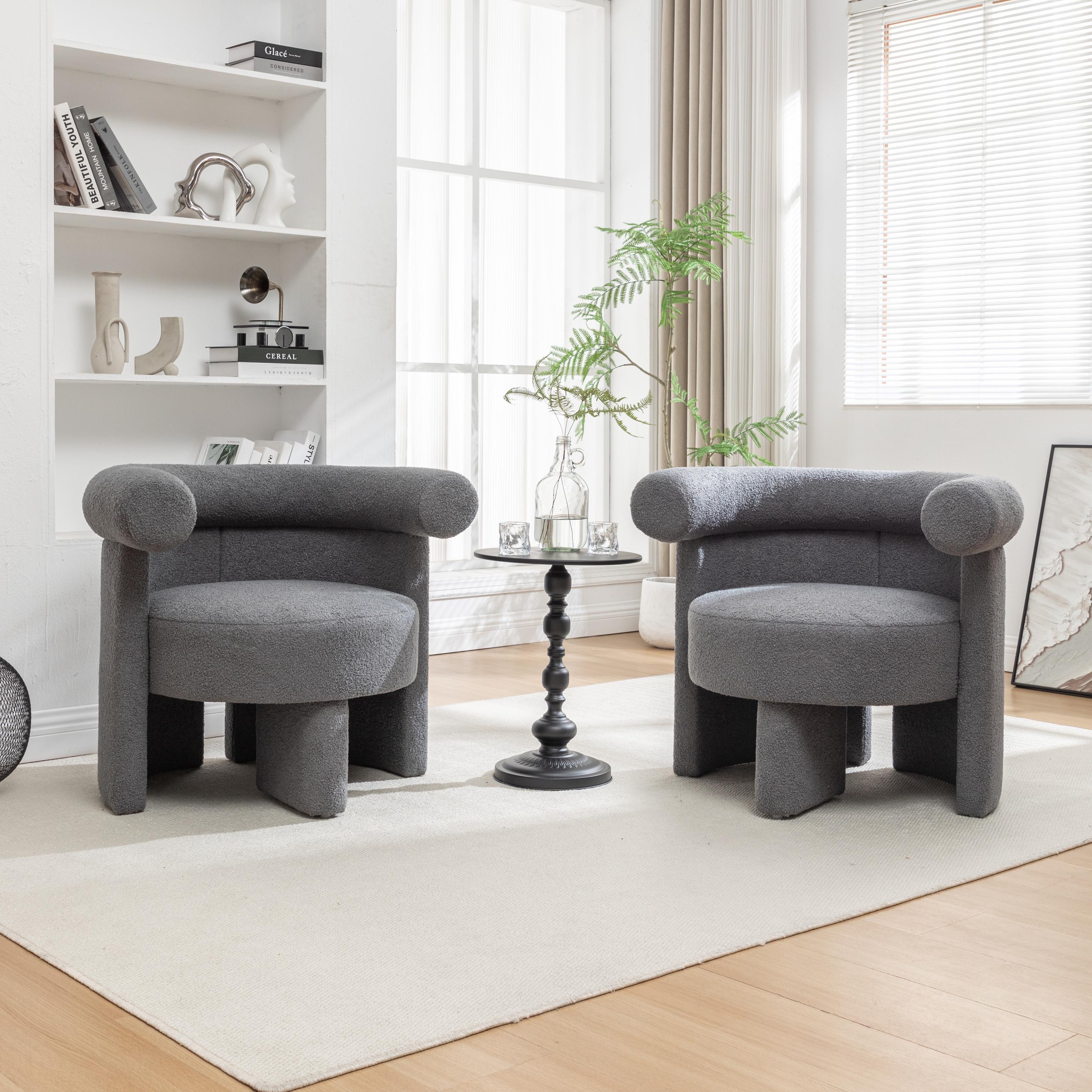 SEYNAR FJ756-GREY-S2 Modern Glam Teddy Upholstered Round Accent Chair Set of 2