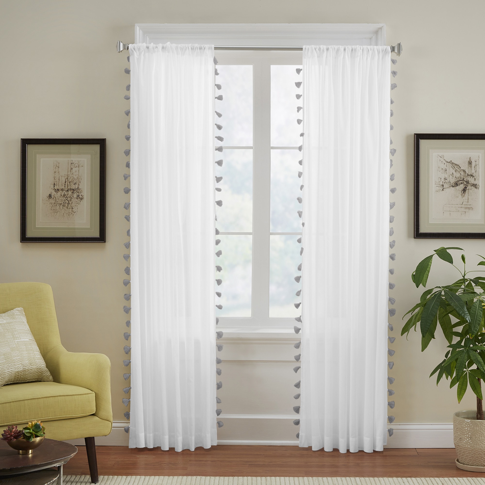 Bianca Gray Cotton Semi-Sheer Rod Pocket Window Curtain Panel with Tassels
