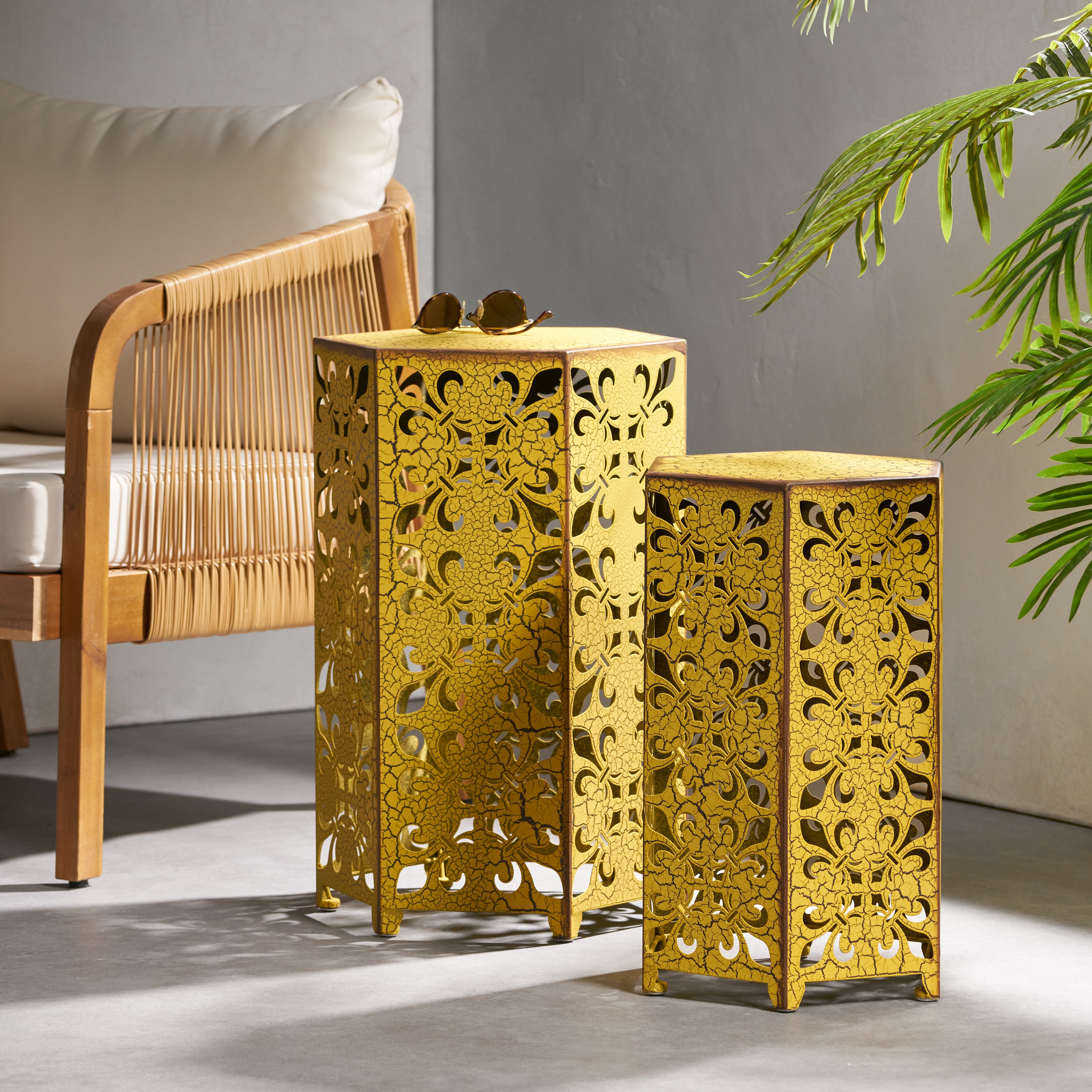 Christopher Knight Home 296676 Parrish Iron Accent Tables  Set of 2-Antique Yellow