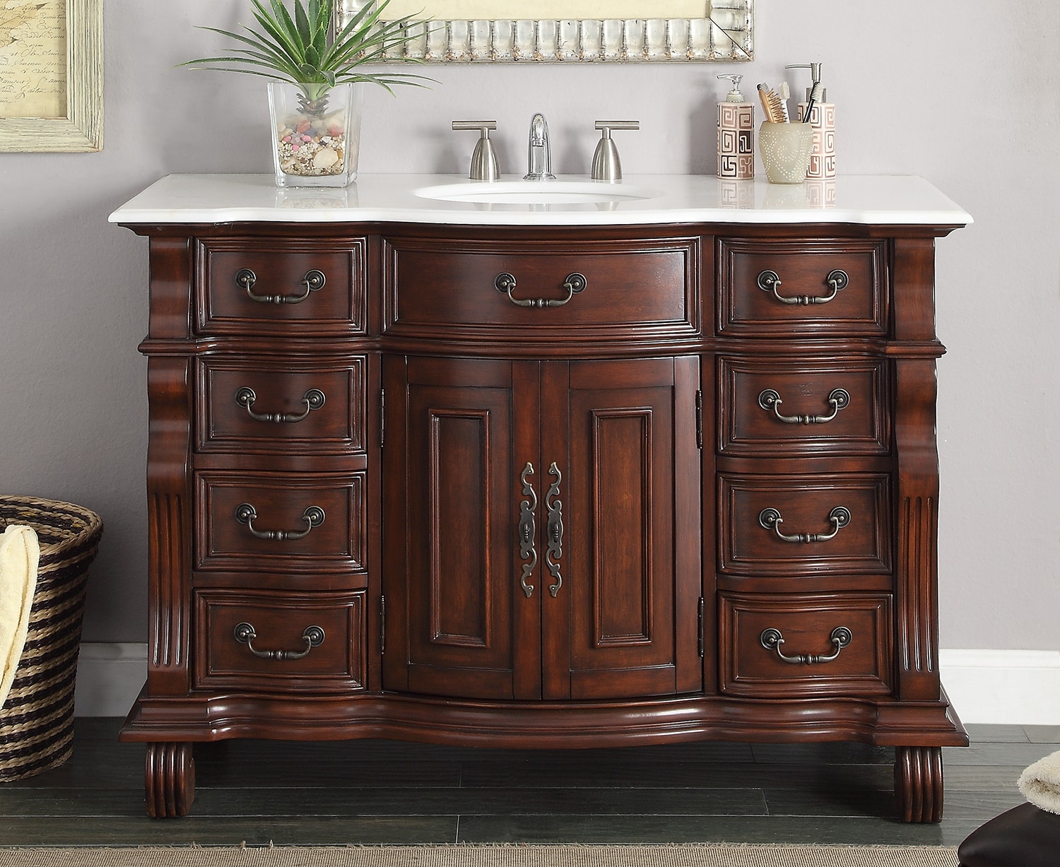 Benton Collection 50 inch Antique Style Cherry Wood Hopkinton Bathroom Sink Vanity White Marble Top