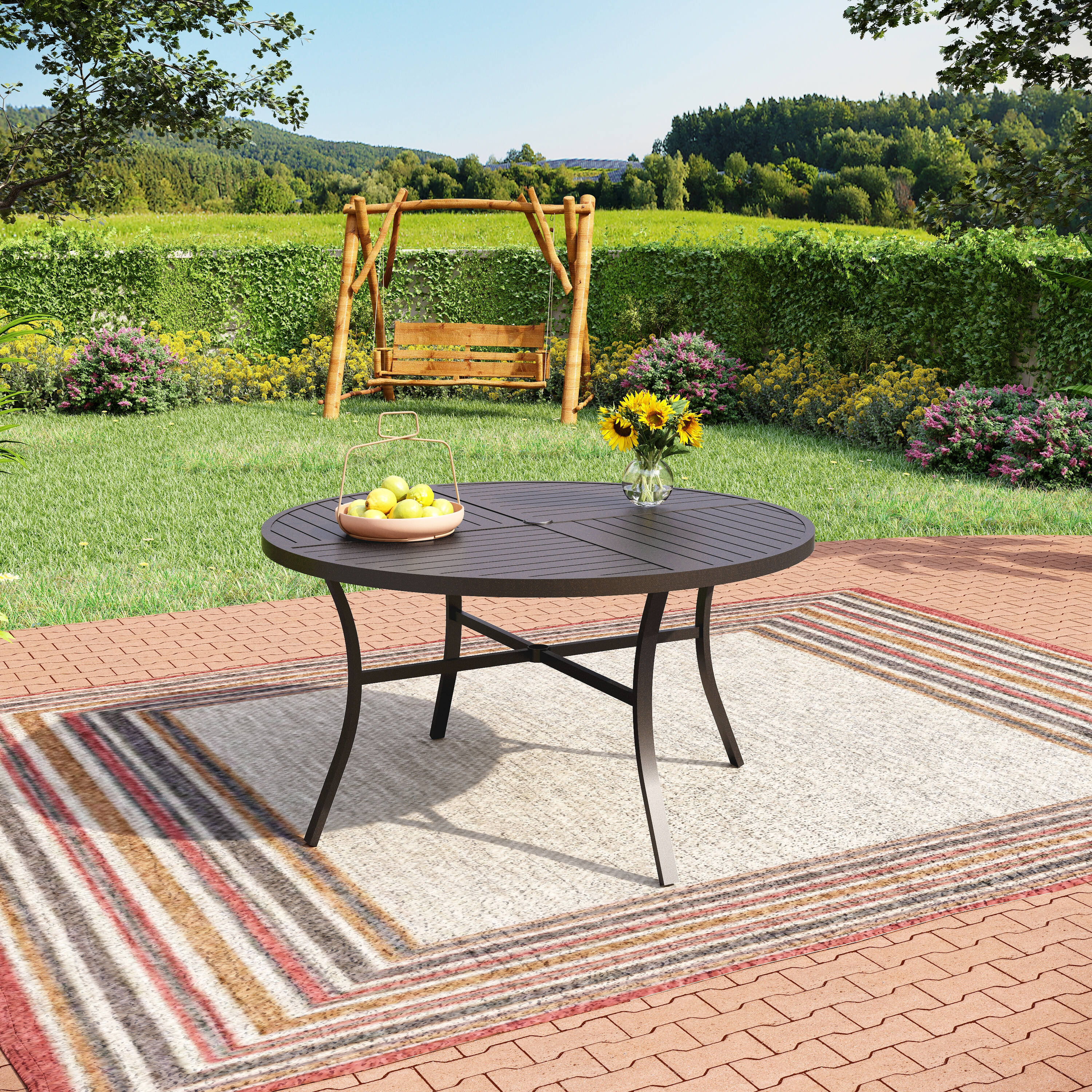Sunshine Valley PV-409-B Outdoor Table Round Outdoor Dining Table 54-in W x 54-in L with Umbrella Hole