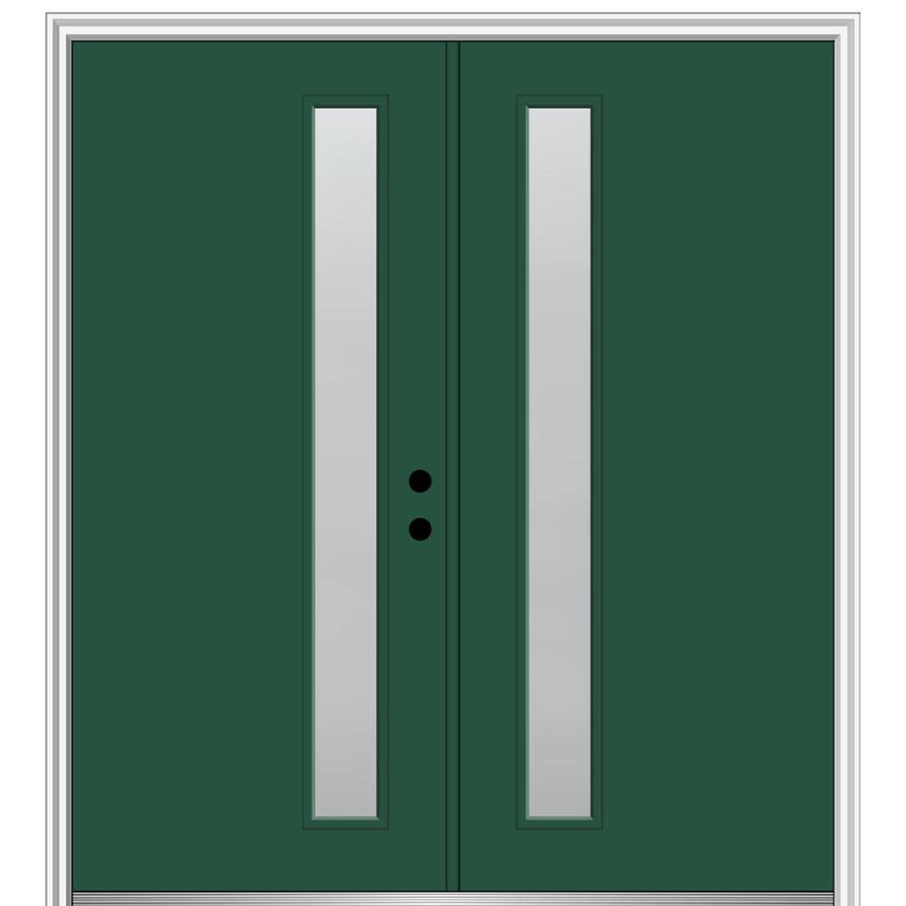 MMI DOOR ZZ347160L Spotlights 64-in x 80-in Fiberglass Full Lite Left-Hand Inswing Hunter Green Painted Prehung Double Front Door with Brickmould Insulating Core
