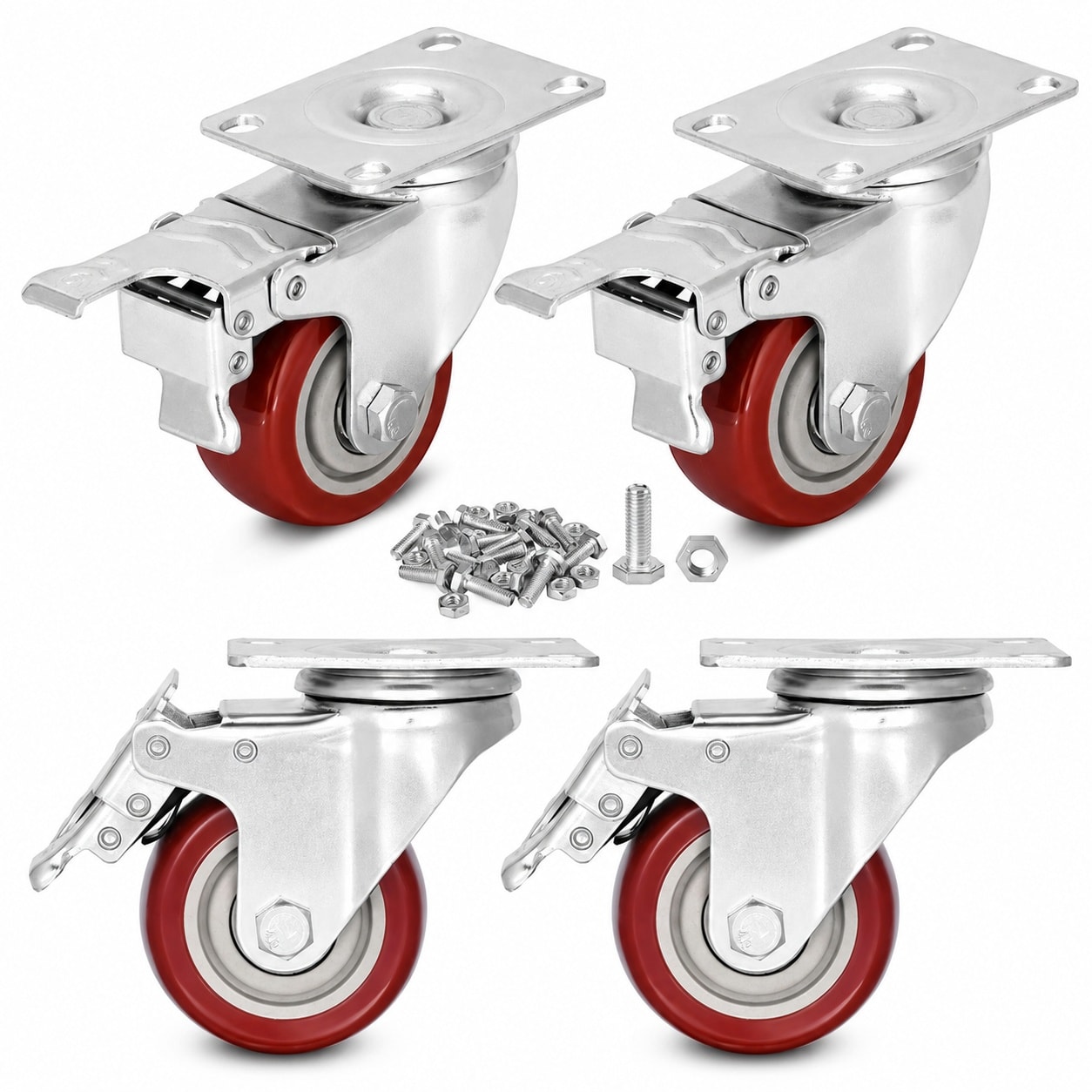 Etokfoks  4 Pack Heavy Duty 3 in Polyurethane Swivel Caster Wheels with Dual Locking Brakes Steel Frame 1500 lb Load