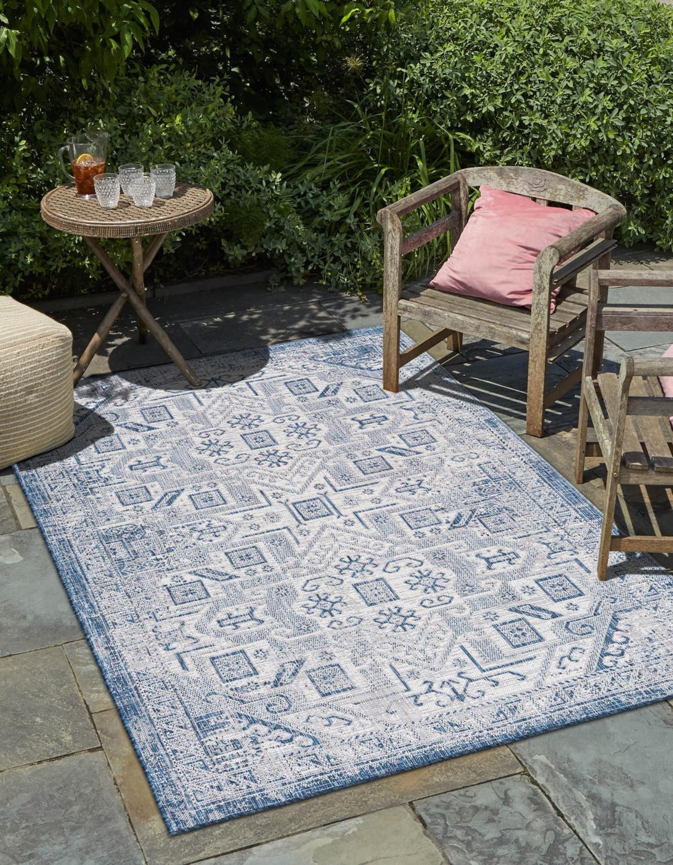 Unique Loom 3162341 Outdoor Aztec 10 x 13 (ft) Loomed Polypropylene Blue Rectangular Indoor/Outdoor Border Area rug