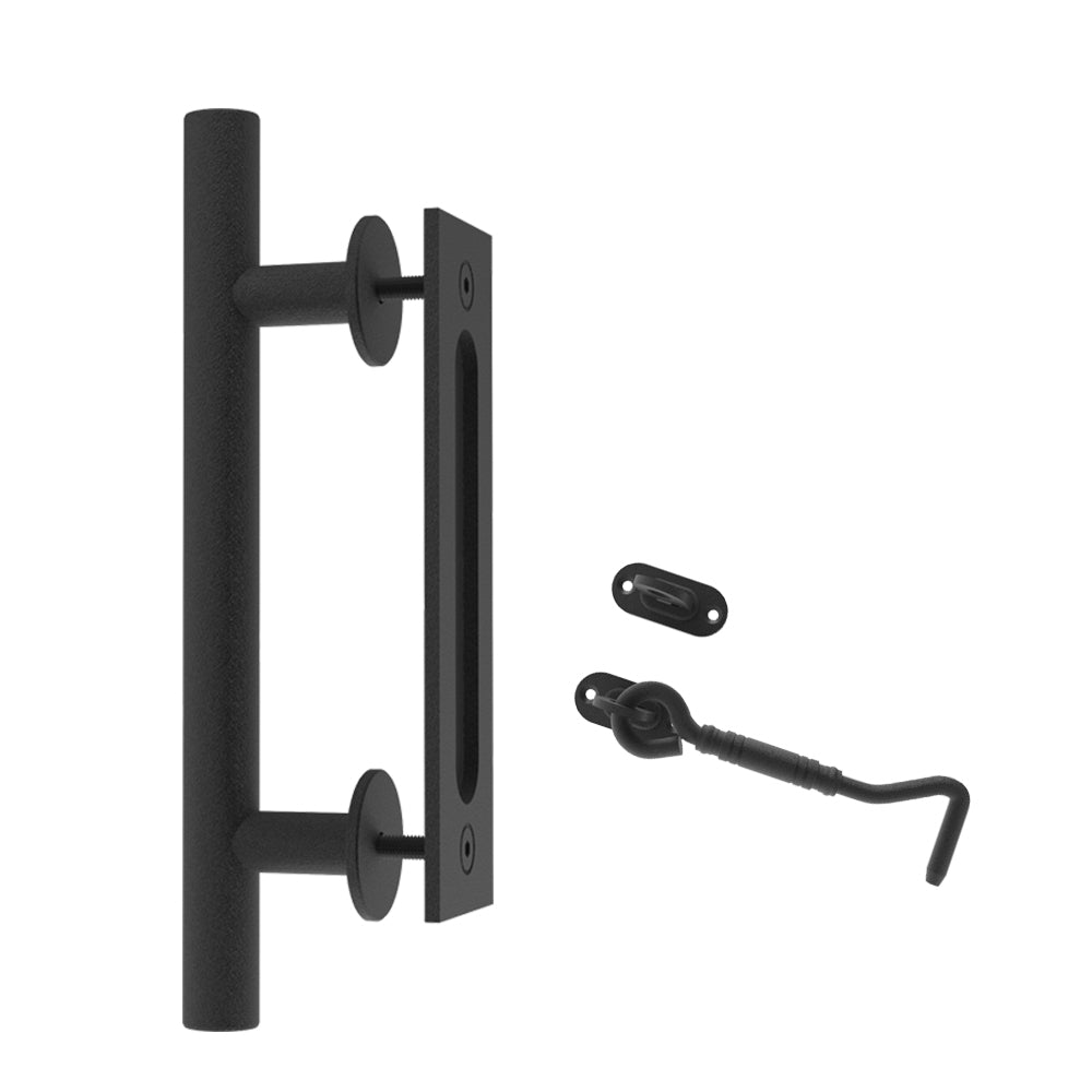 Boyel Living 12 in. Steel Black Powered Ladder Sliding Barn Door Handle with Hook Lock Latch