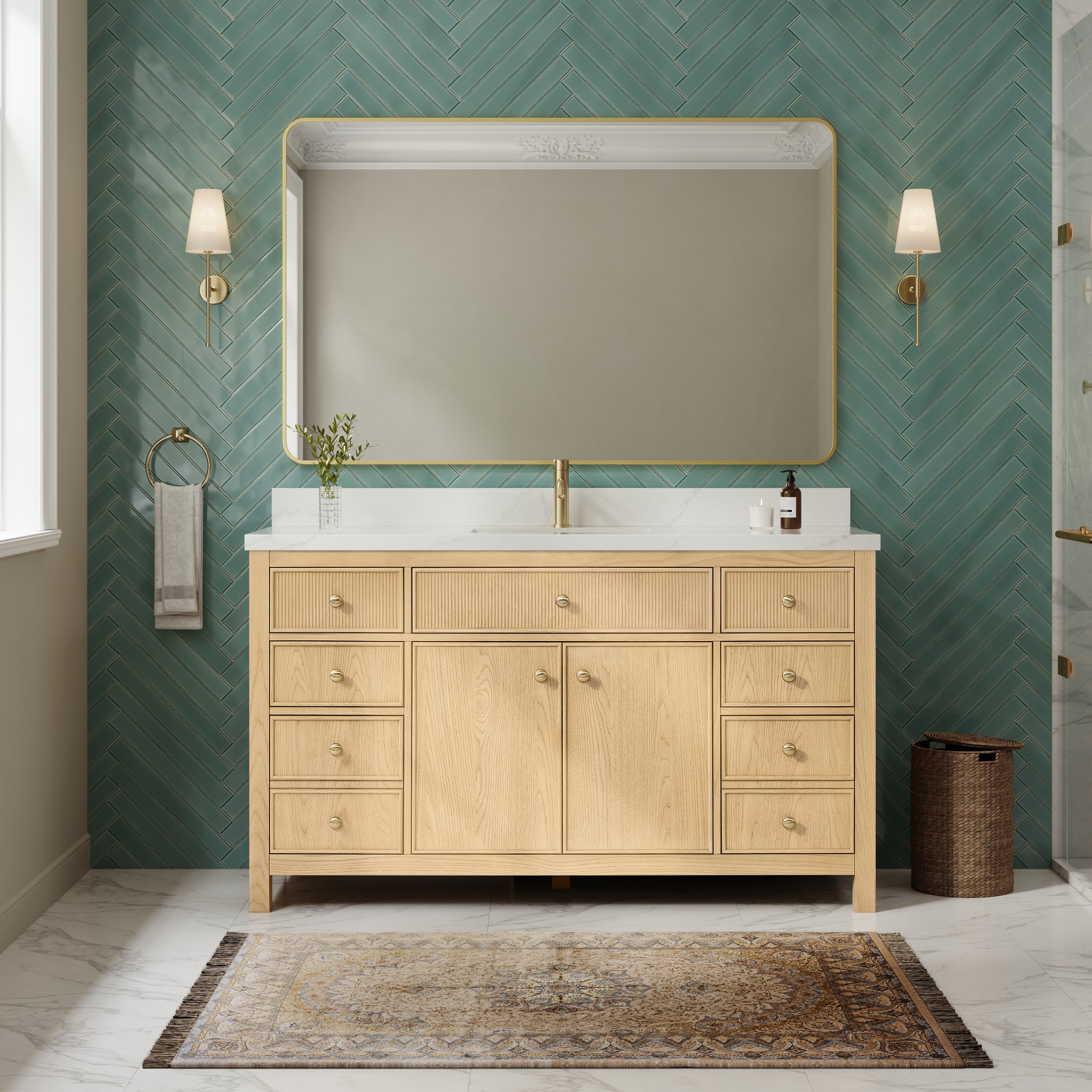 Wyndham Collection Rian 60 Inch Single Bathroom Vanity in Scandinavian Oak, Giotto Quartz Countertop, Undermount Square Sink (1-Hole), Satin Bronze Trim