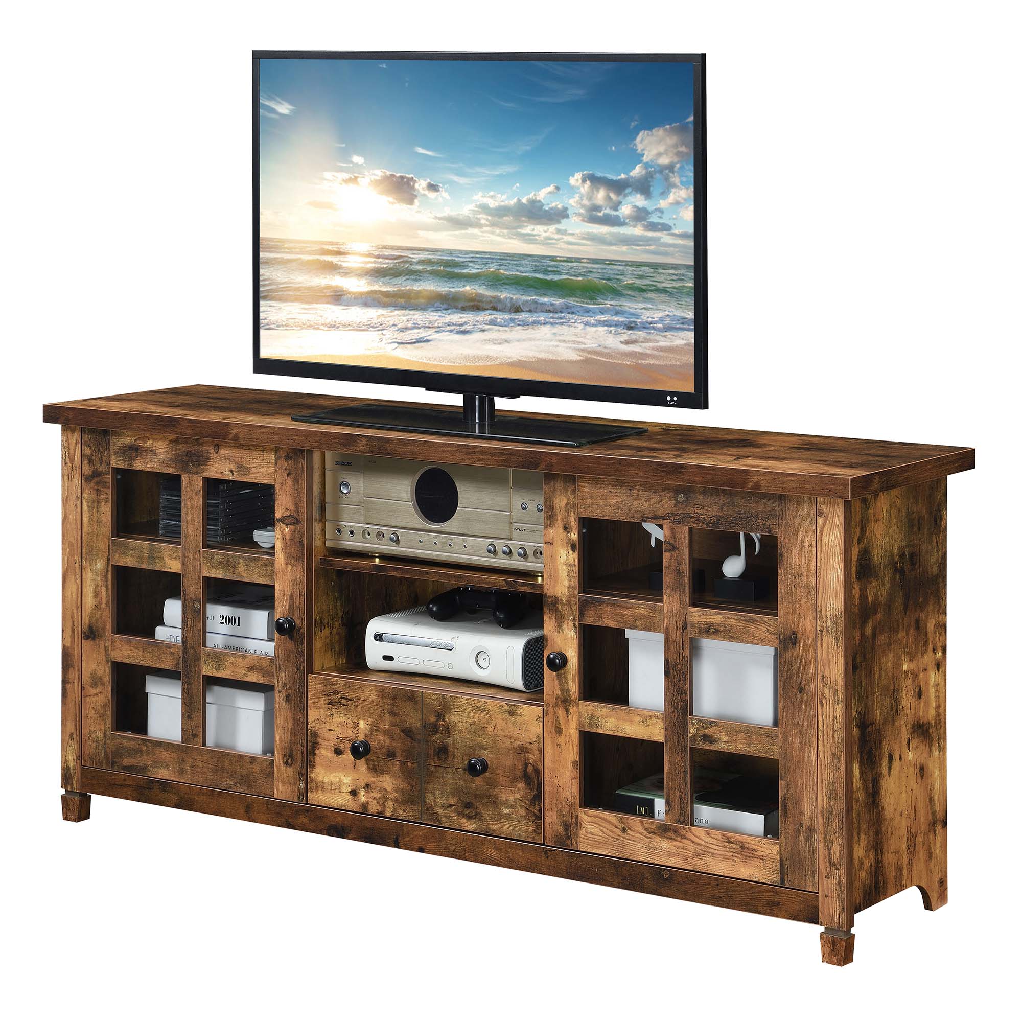 Barnwood Corner TV Stand with Cabinets and Shelves