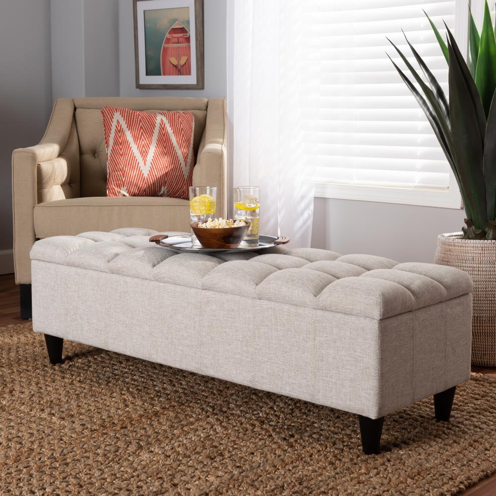 Beige Tufted Fabric Storage Bench with Dark Wood Legs