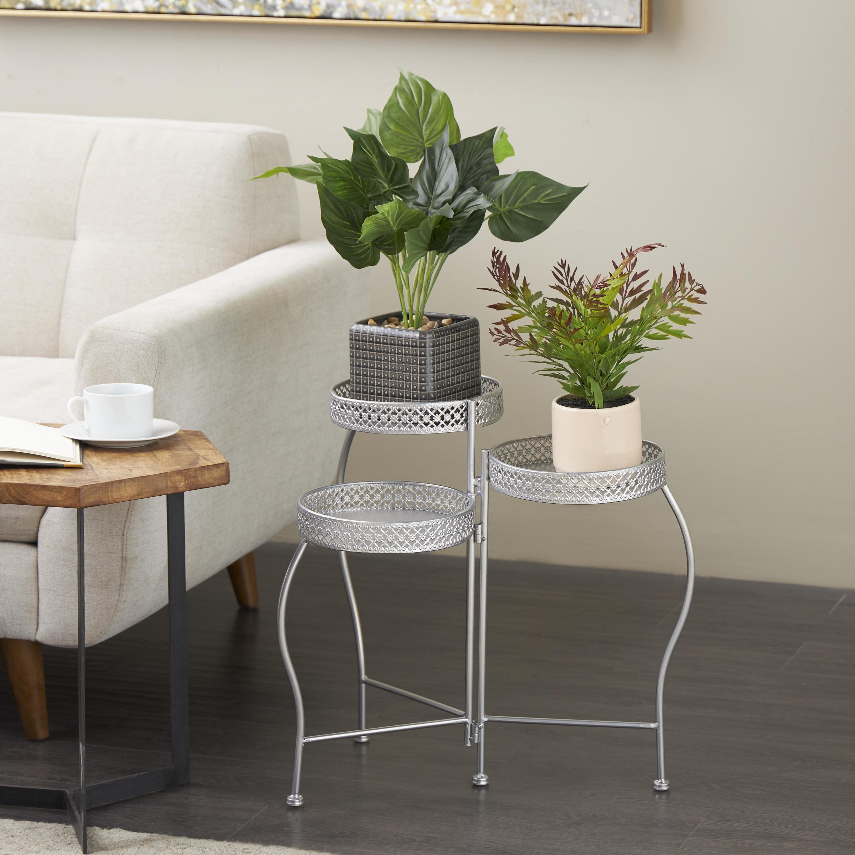 Grayson Lane 822366 19.9-Inches H x 17.15-Inches W Silver Curved Folding Indoor/Outdoor Round Steel Plant Stand