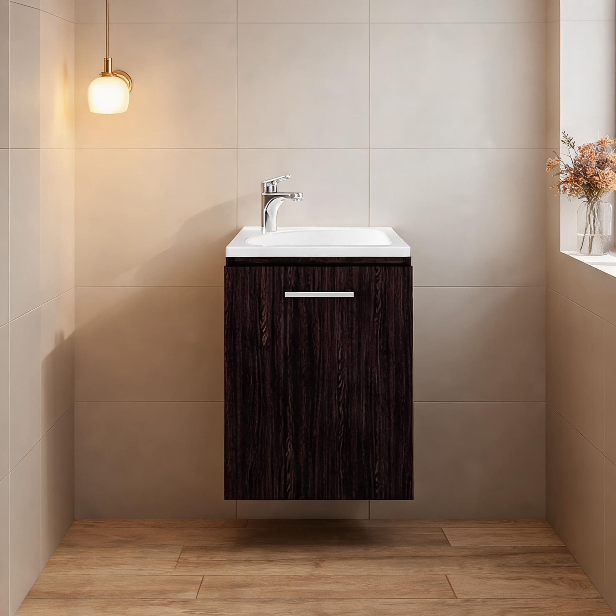 SunJet - Wall-Mounted Floating Bathroom Vanity with Integrated Sink Wood-Tone Brown Single-Door C...