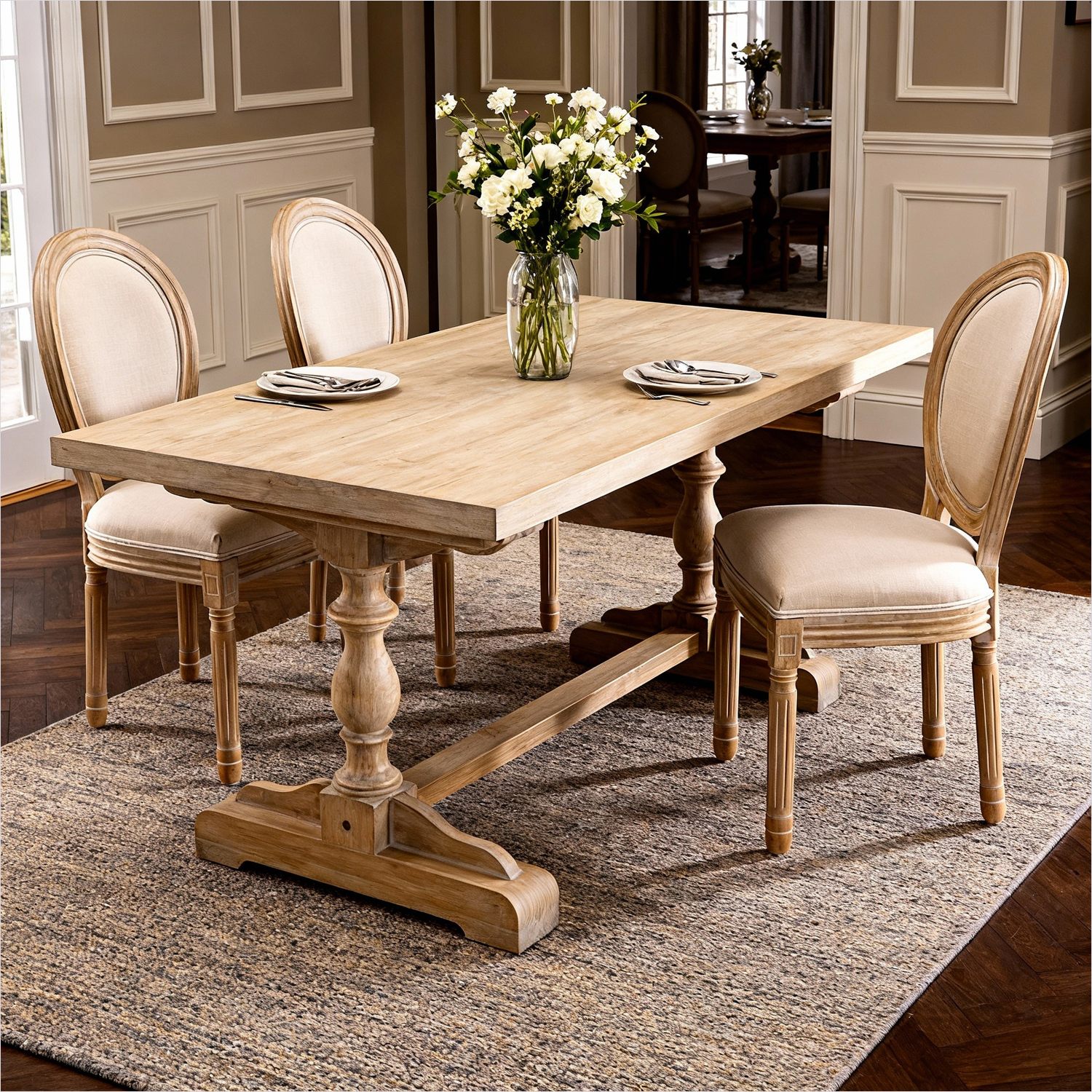 Watnature Set of 2 French Country Dining Chairs Oval Back Solid Wood ...