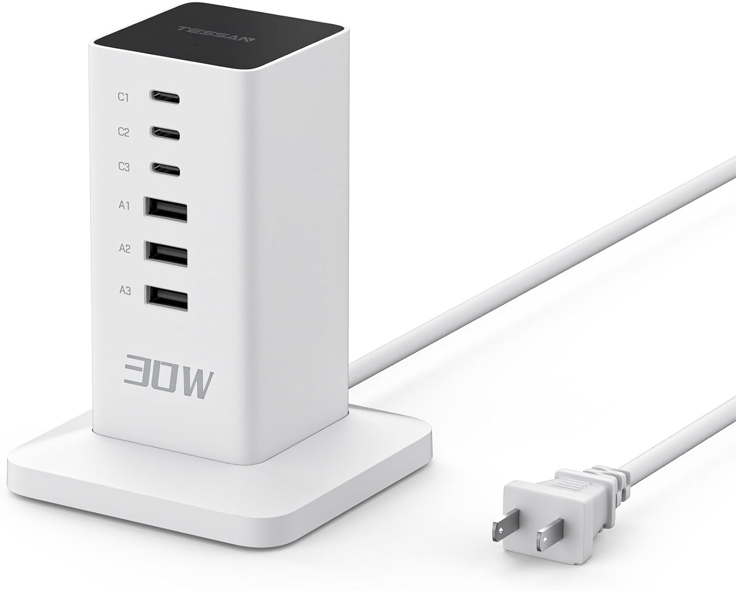 LENCENT 30W USB Charging Station Tower with 6 Ports 3 USB C 3 USB A Multi Device Charging Hub Compact Desktop Charger Block for Phone Tablet Smartwatch Home Office Travel