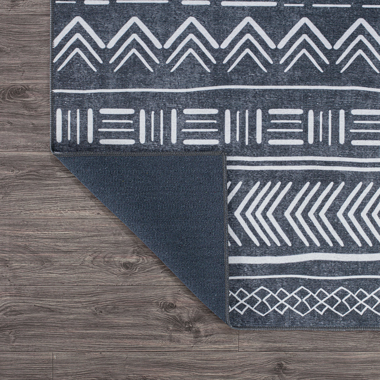 Dark Gray Geometric Flat Woven Machine Washable Area Rug