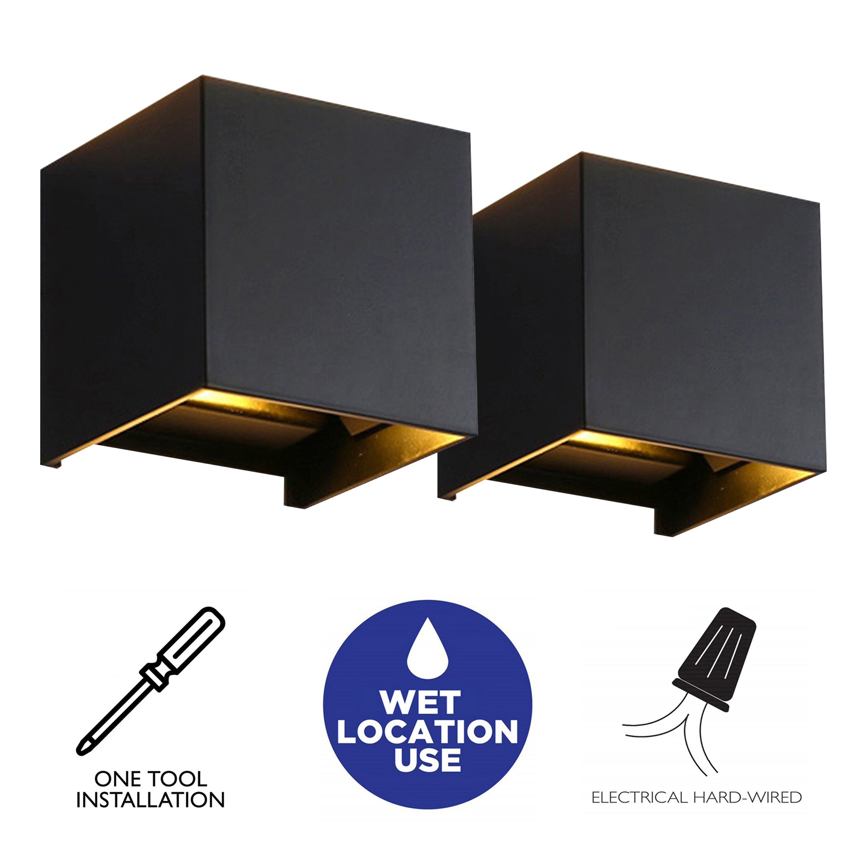 Black Aluminum Cube Dimmable Outdoor Wall Light, 2 Pack