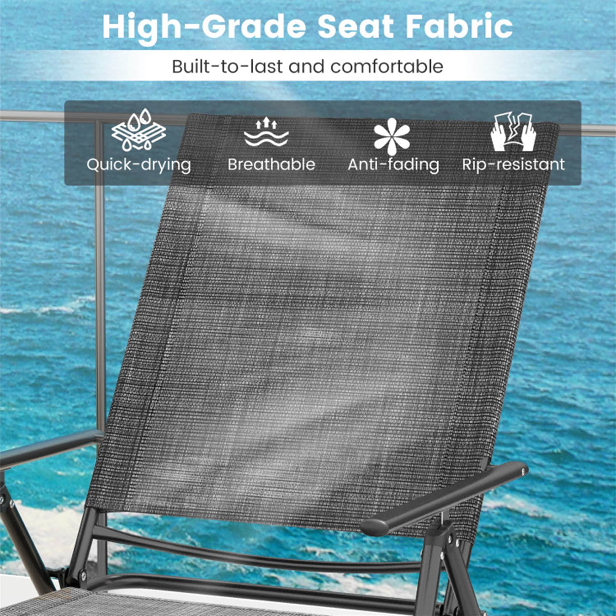 Gray Metal and Fabric Folding Outdoor Chaise Lounge Chairs with Adjustable Backrest