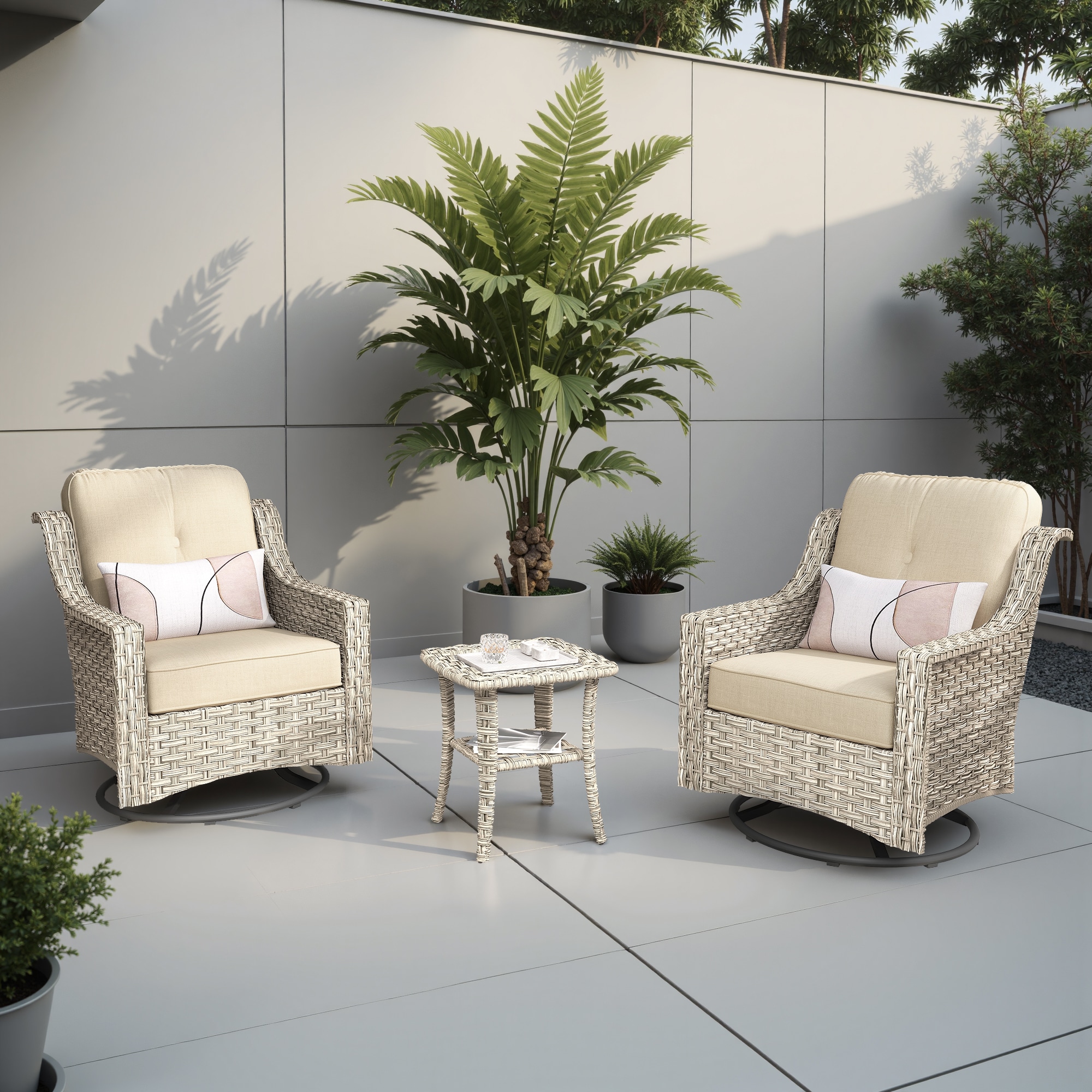 weaxty HMBPADYZ600S3 Aireno Set of 2 Wicker Black Steel Frame Swivel rocker Conversation Chair with Off-white Cushioned Seat