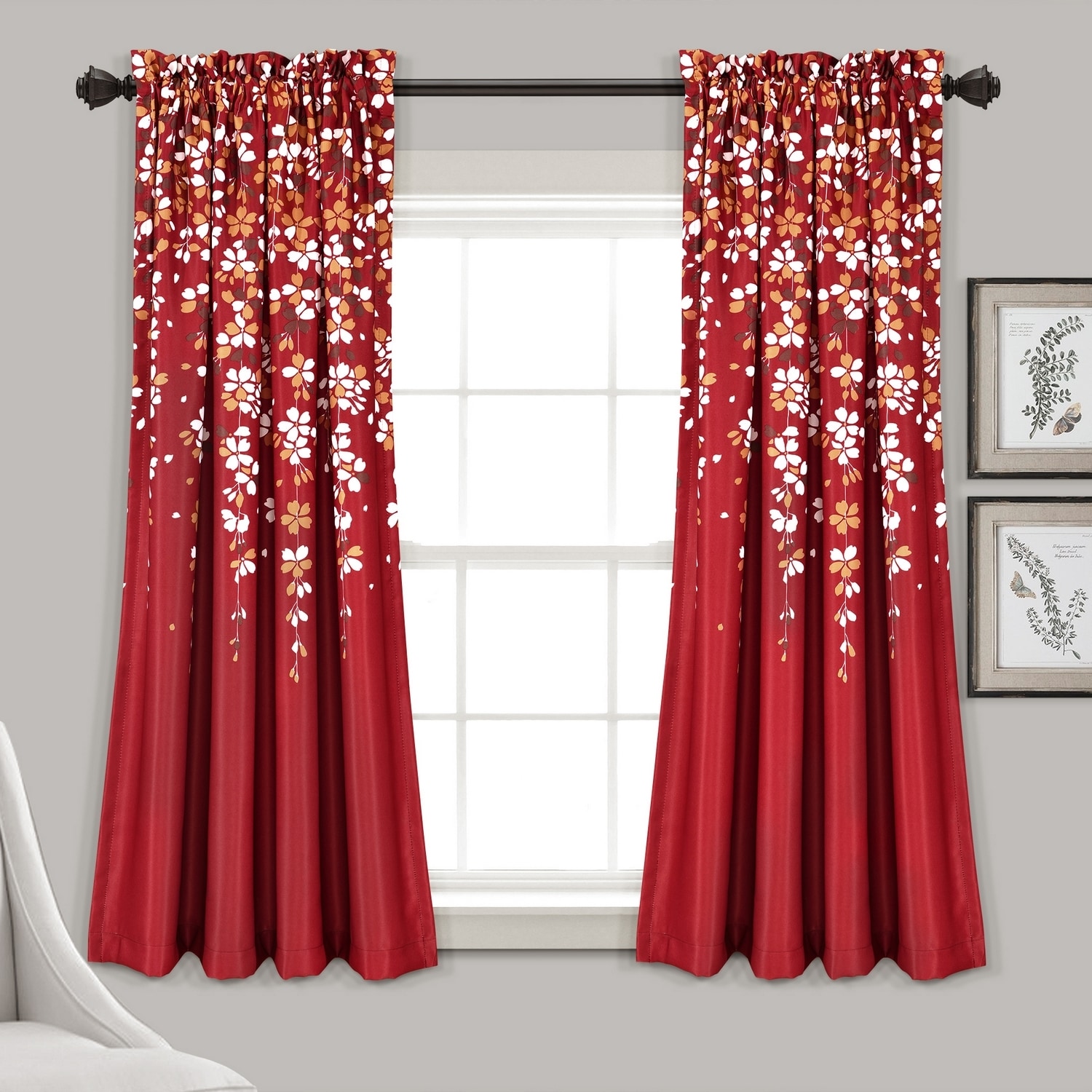Lush Decor 16T006217 63-Inches Red Floral Light filtering Rod pocket Curtain panel pair