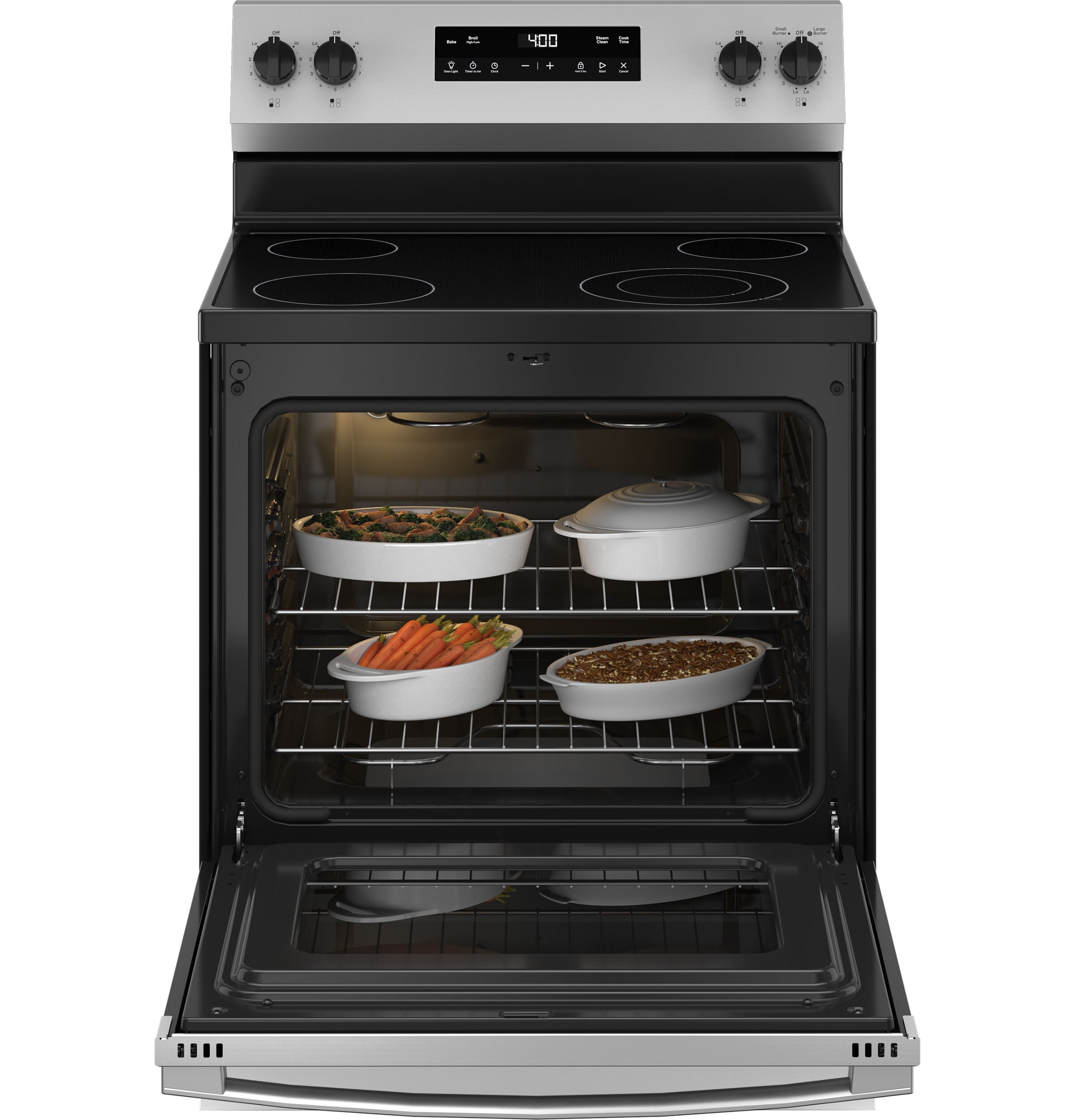 GE 30-in Glass Top 4 Burners 5.3-cu ft Steam Cleaning Freestanding Electric Range (Stainless Steel)