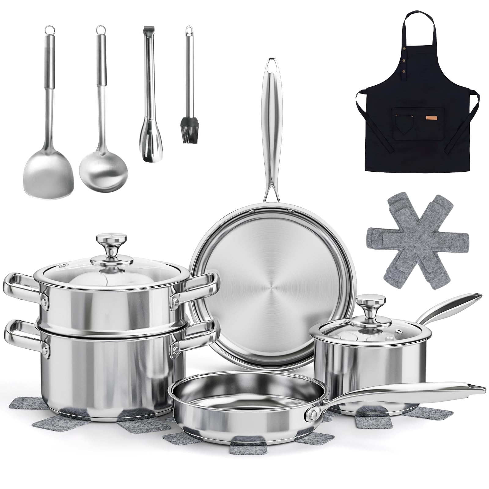 DHMHD Stainless Steel Cookware Set 16 Piece Induction Compatible Pots Pans Steamer Utensil Set Pot Protectors Apron Oven Dishwasher Safe #LDH0818X324
