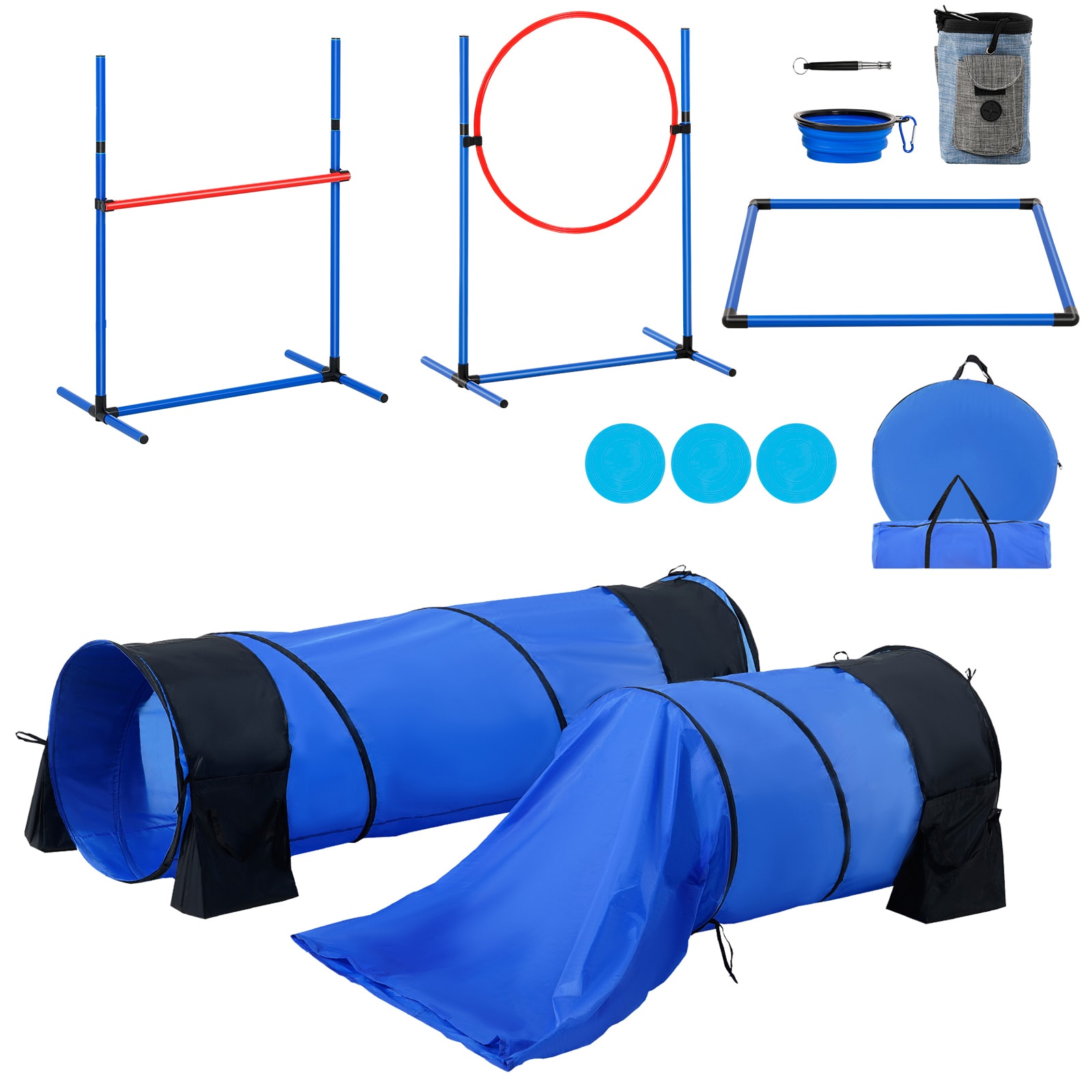 GIVIMO - 7-Piece Dog Agility Training Set with Adjustable Jump Bar 23-in Ring 6 Weave Poles 2 Tun...