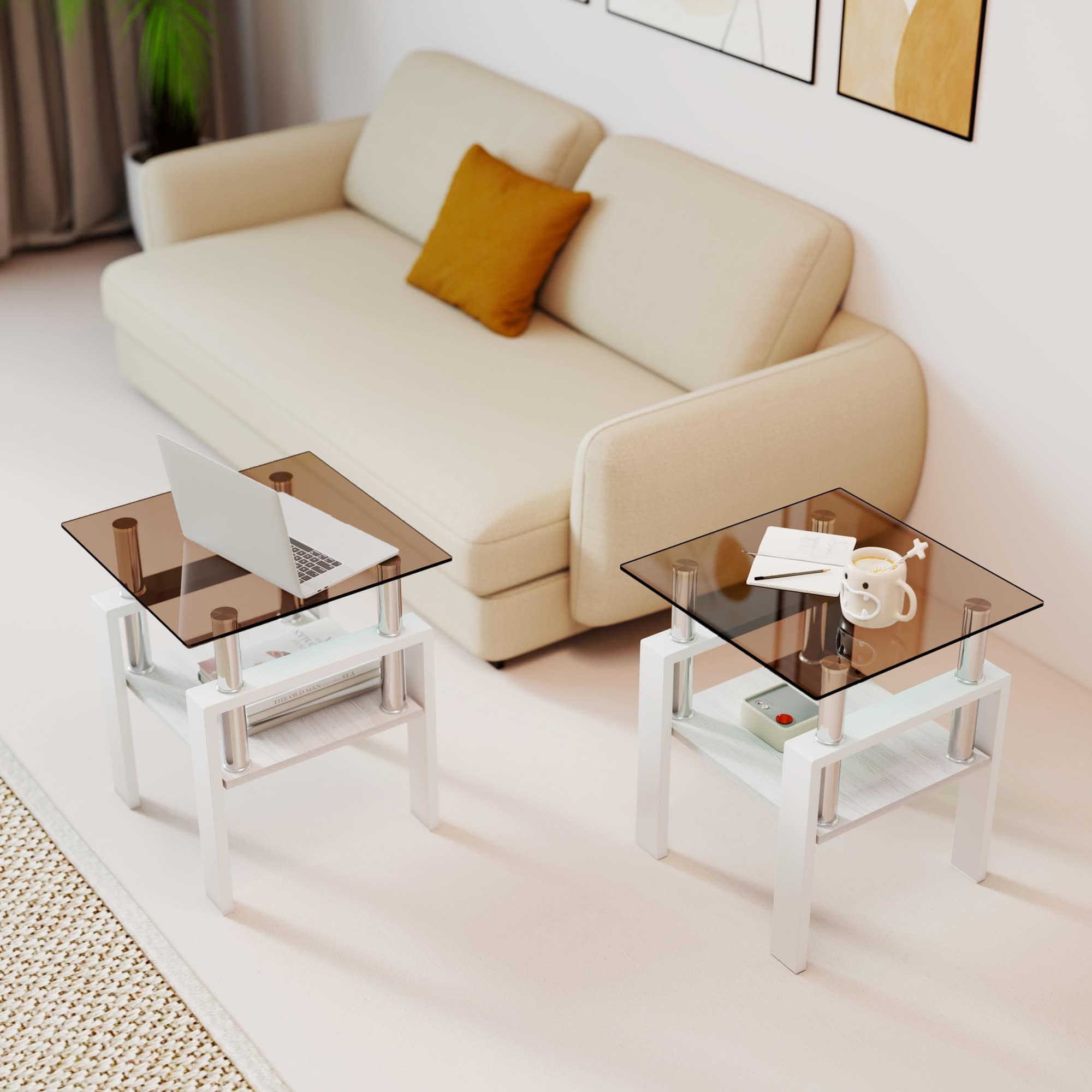 Vynxaria Brown White Square Tempered Glass Indoor Coffee End Table Set ...