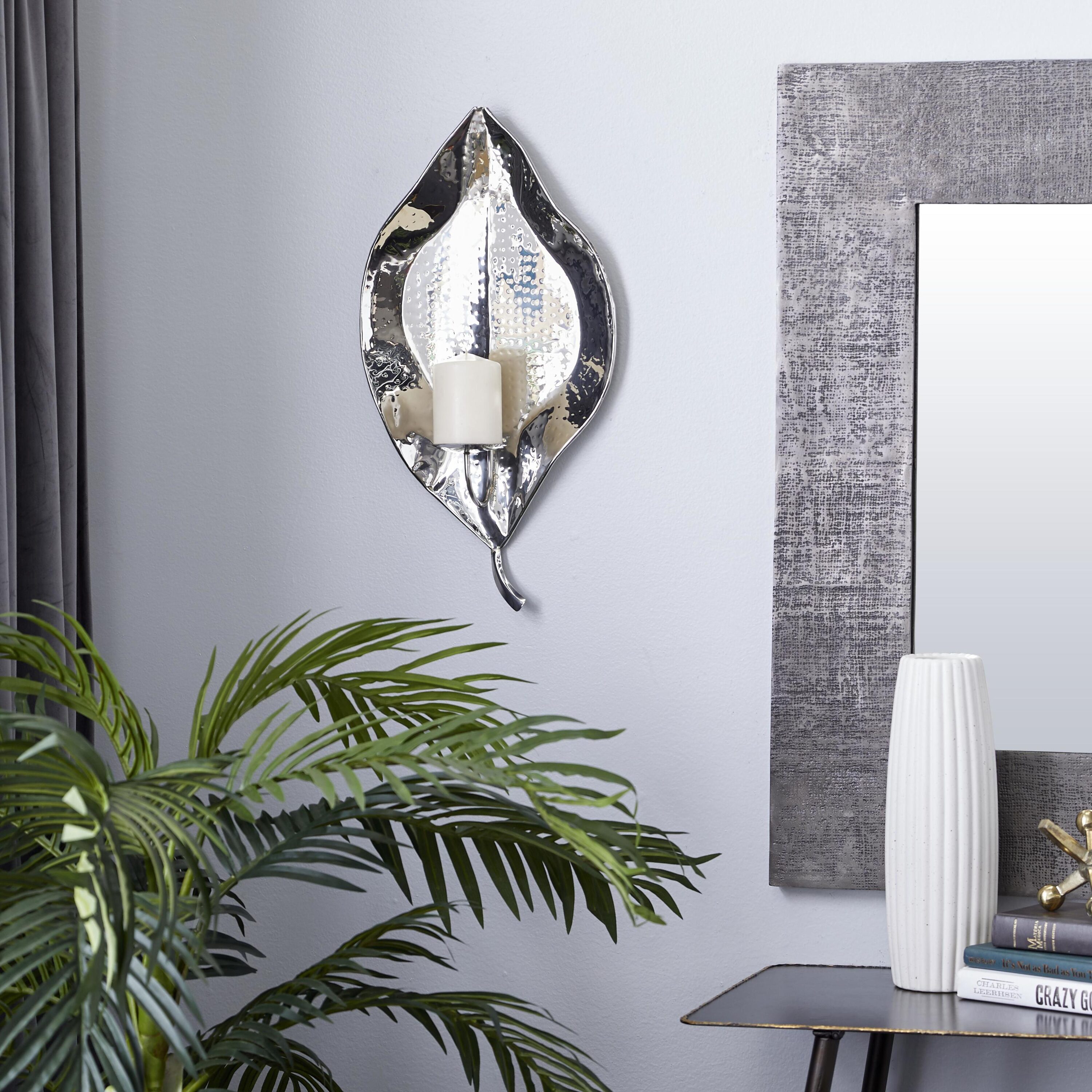 Large Silver Stainless Steel Leaf Taper Candle Holder