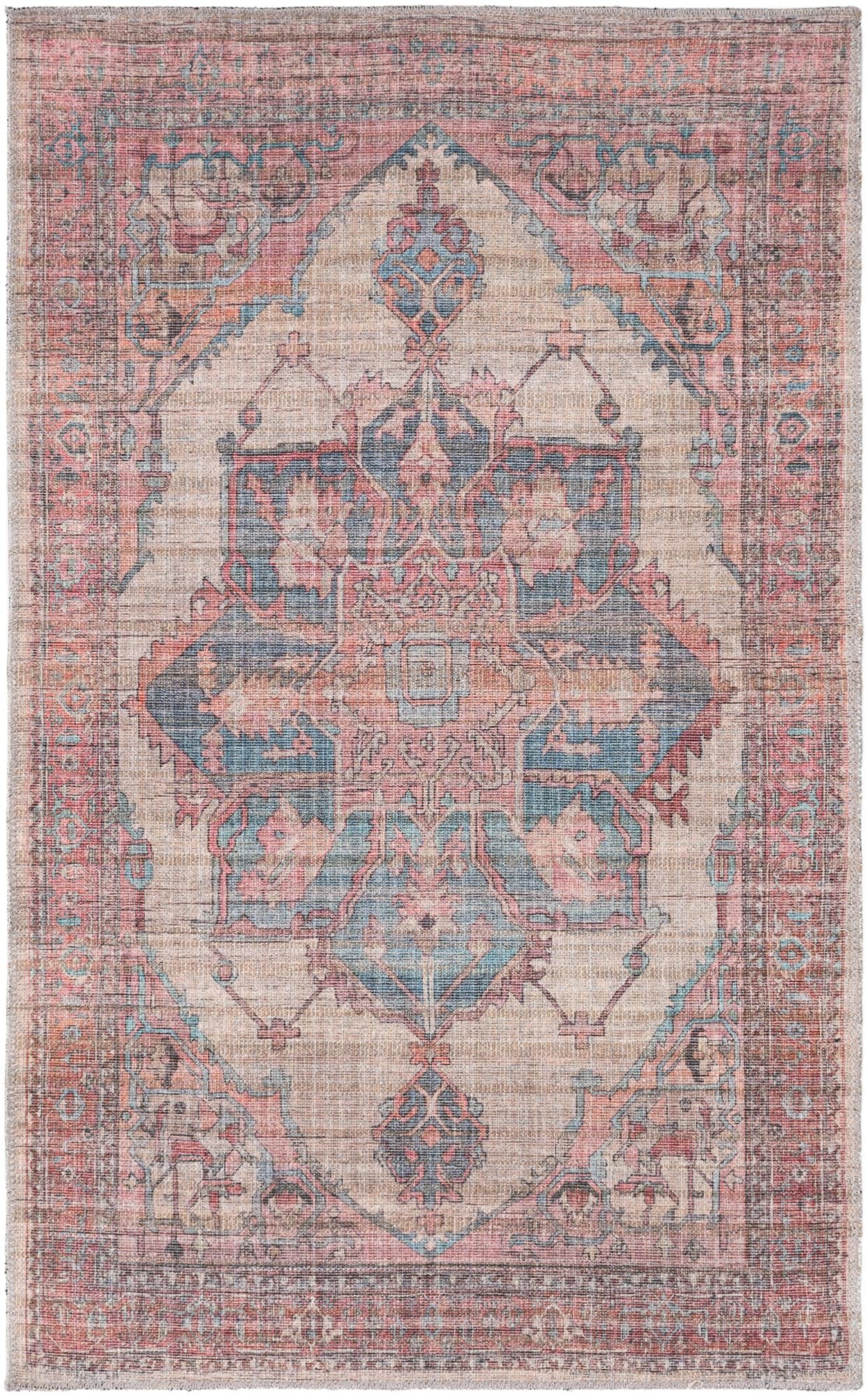 Ivory and Pink Flat Woven Washable Synthetic Area Rug 4' x 6'