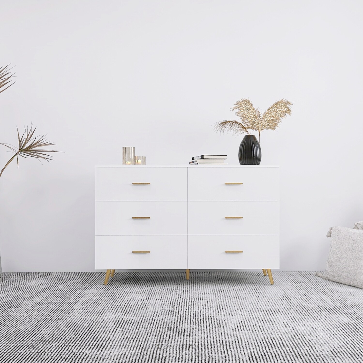 SINOFURN Contemporary Black Wood 6-Drawer Dresser with Golden Handles and Legs