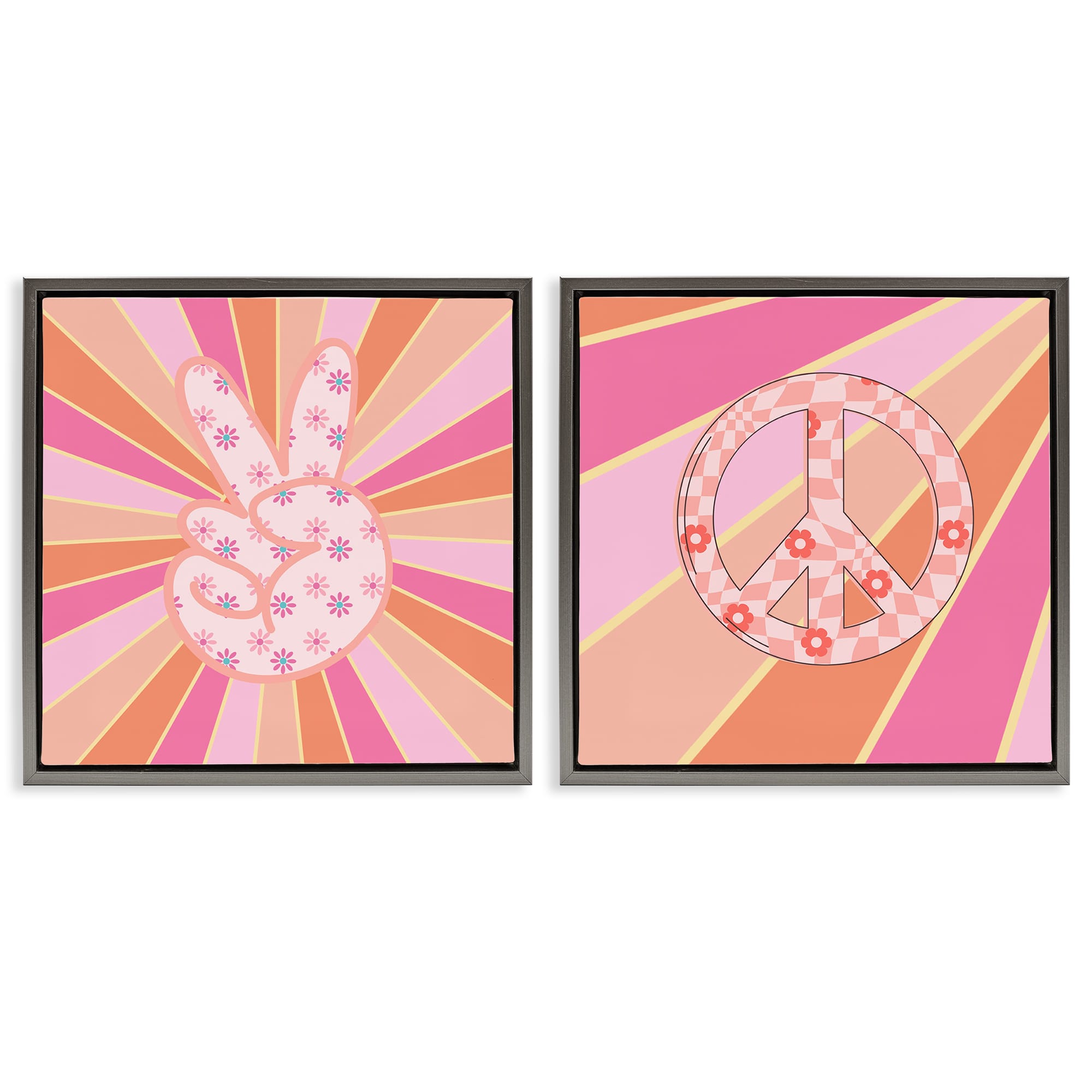 Stupell Industries B2-776-FFL-2PC-24X24 Groovy Peace Symbols on Stripes 2 Piece Gray Framed Floater Canvas Set By Jesse Keith 25 x 25