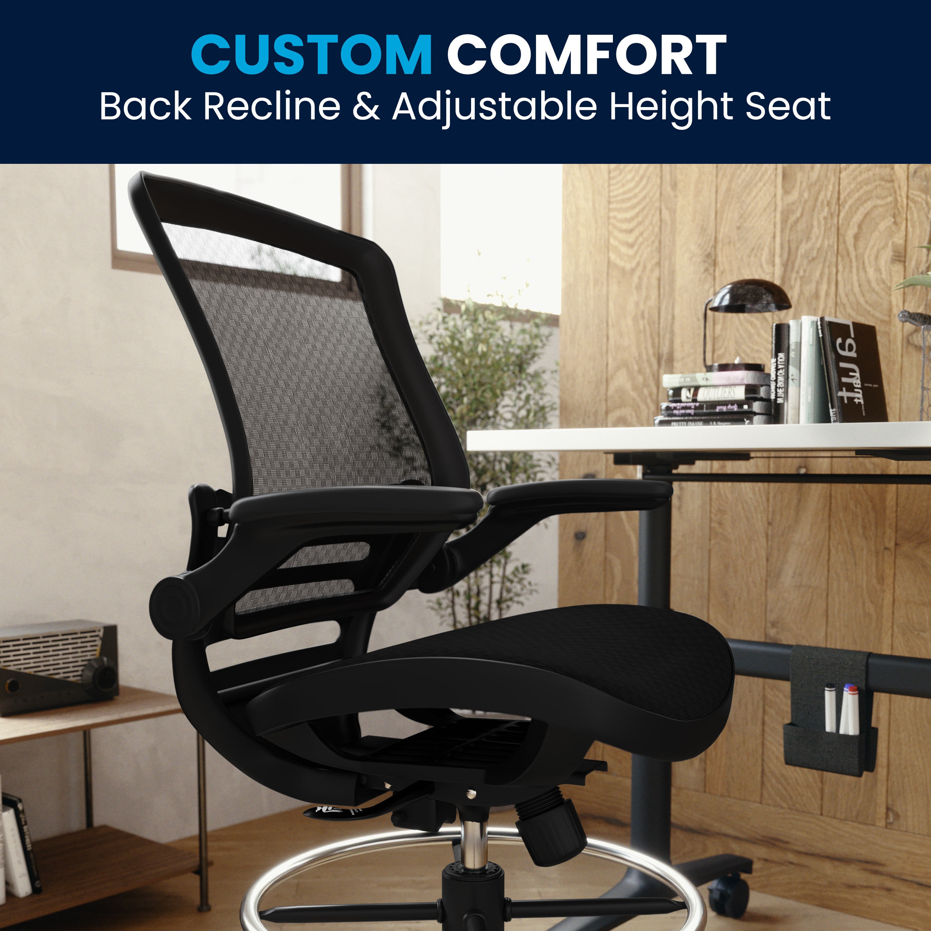 ErgoDraft Plus Black Mesh Drafting Chair with Adjustable Arms and Foot Ring