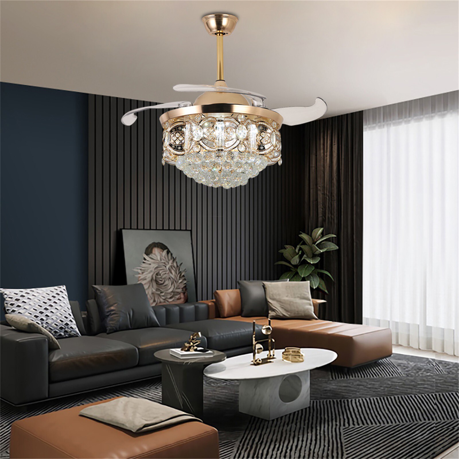 Gold Crystal 42'' Retractable Blade Ceiling Fan with Remote