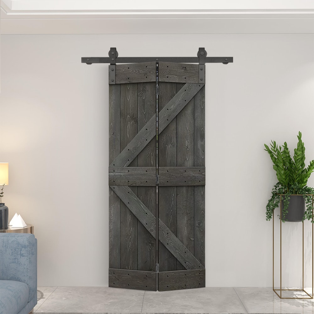 CALHOME 28-in x 84-in Carbon Gray Pine Wood Solid Core Barn Door ...