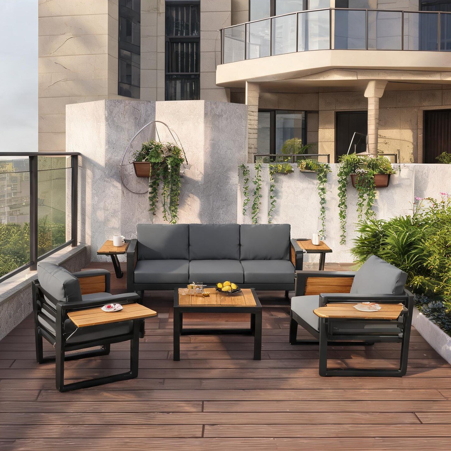 SUNCREAT Gray-Toned Aluminum 4-Piece Patio Conversation Set with Fold-Out Tables Seats 5 Modern Outdoor Lounge