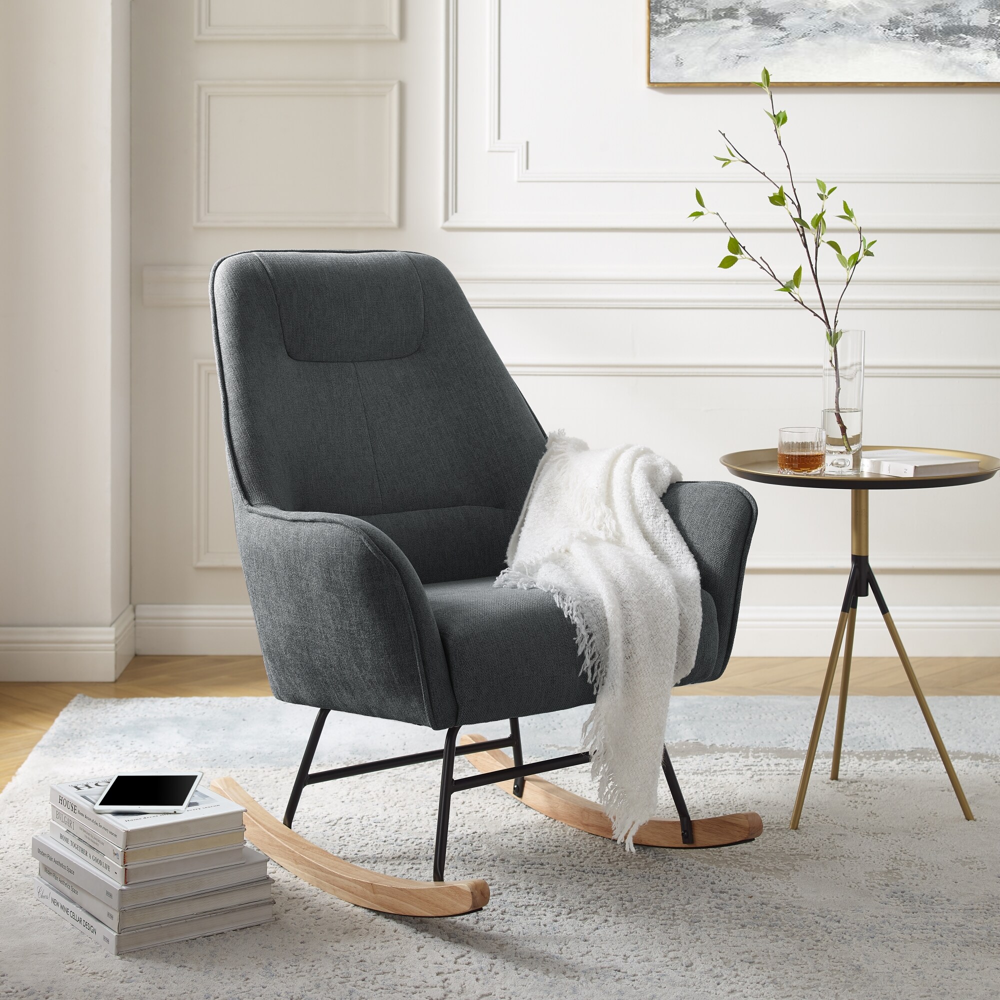 Inspired Home Kynsley Modern Dark Grey Linen Rocking Chair at