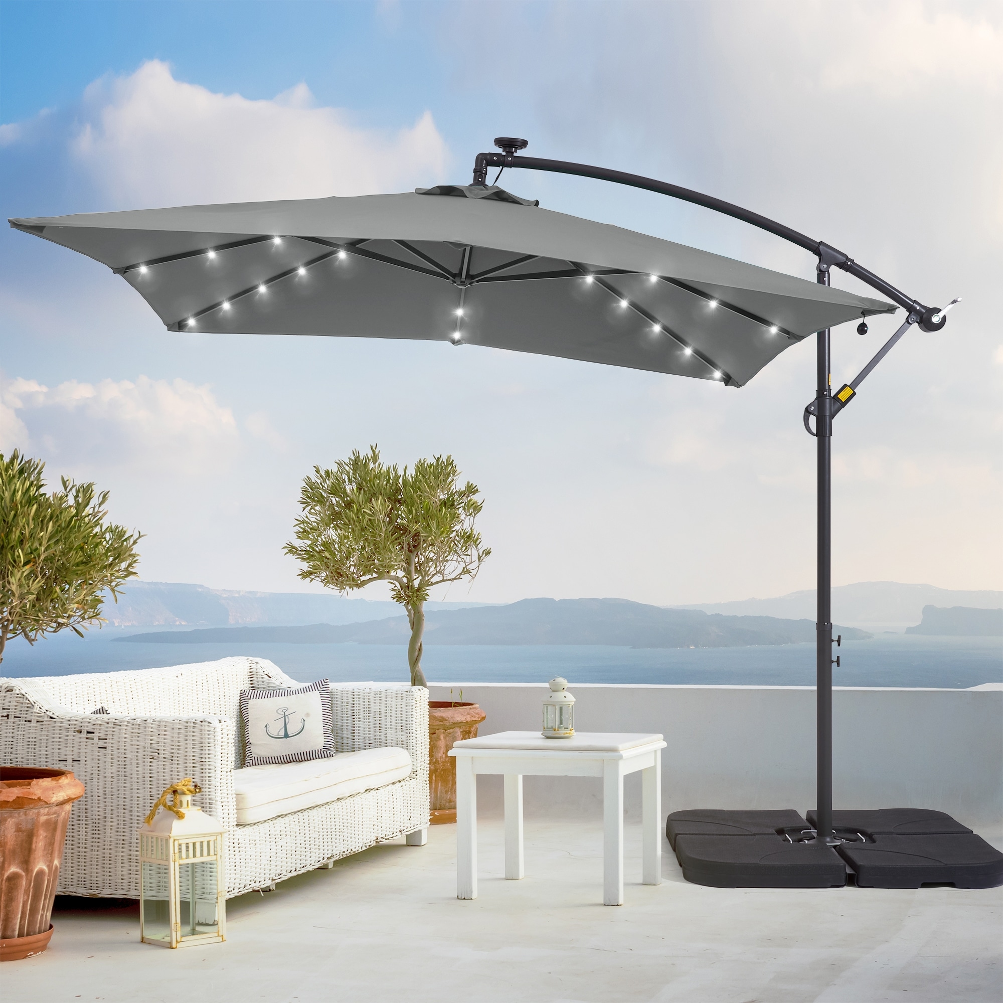 ACEGOSES LW-SOF66GY 8.2-ft Steel Gray No-tilt Offset Patio Umbrella with Lights with Base