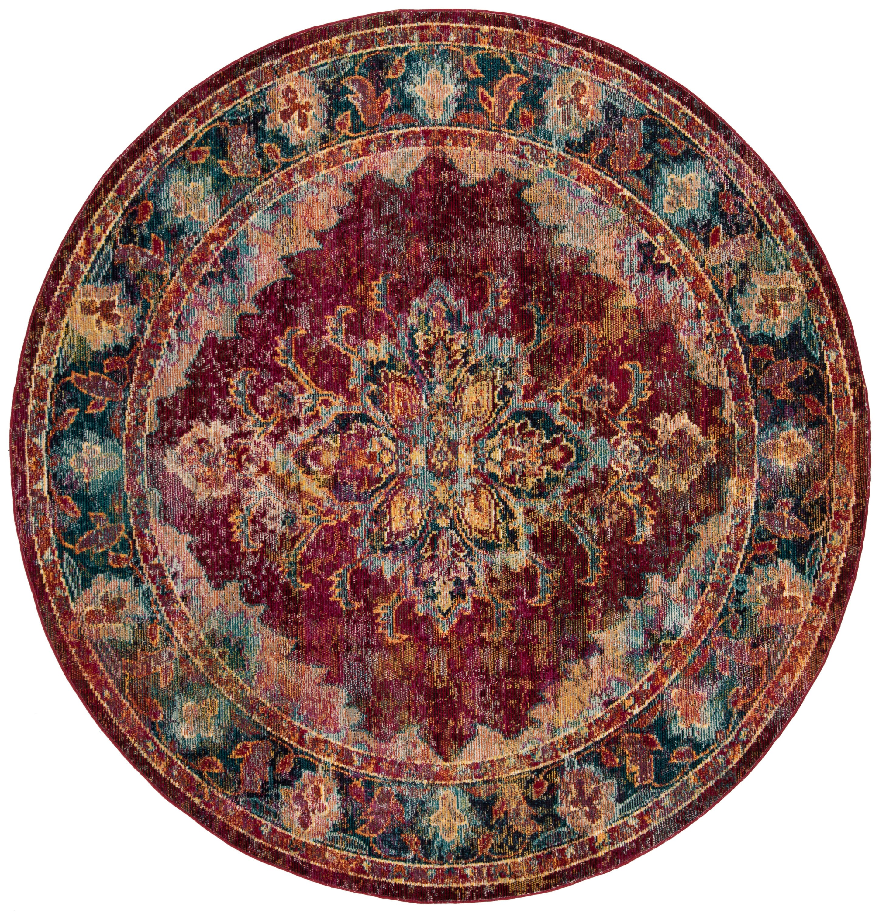 Ruby and Navy Round Floral Motif Area Rug