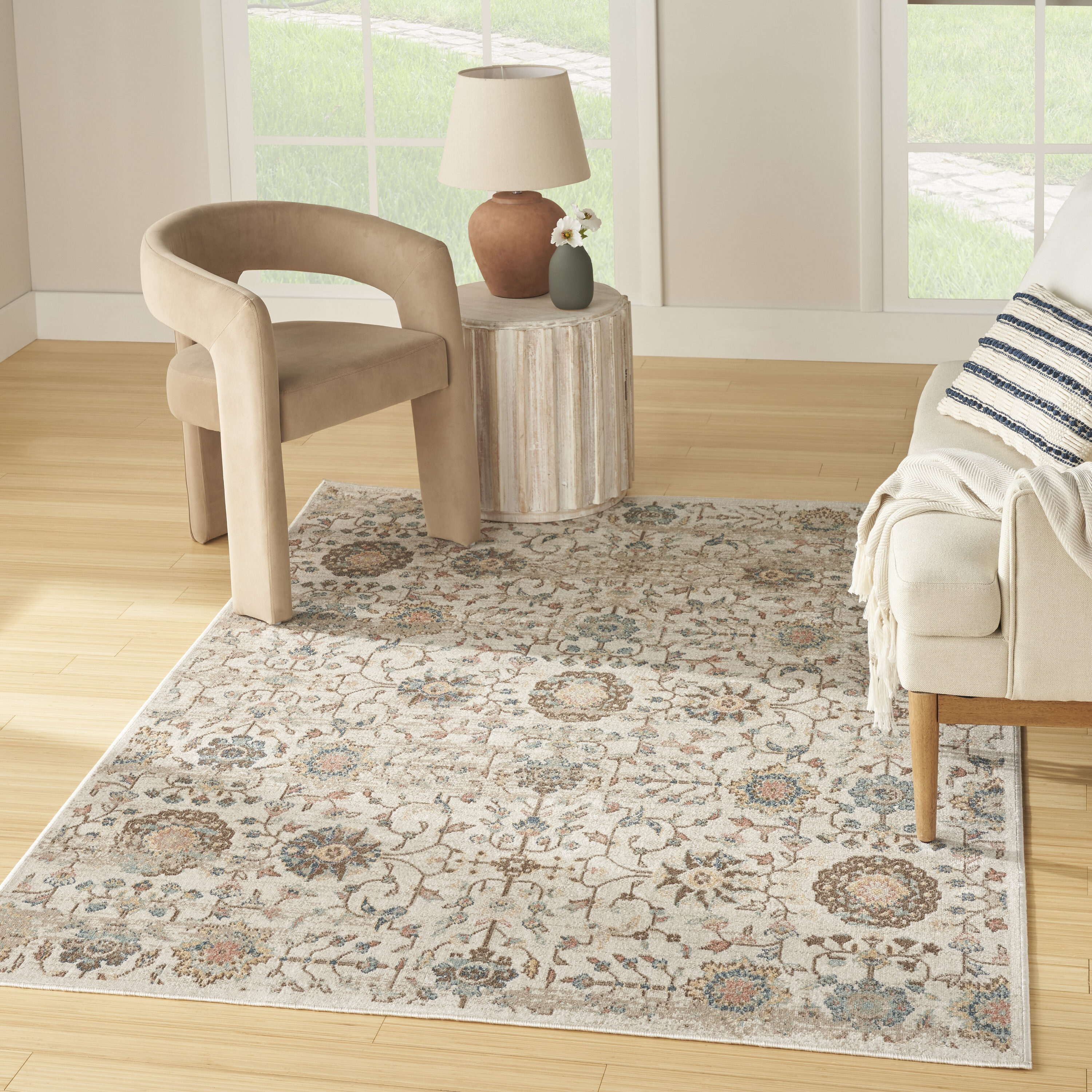 Nourison Home 099446993281 Washable Decor 7 x 9 (ft) Polyester Beige Rectangular Indoor Medallion Machine washable Area rug