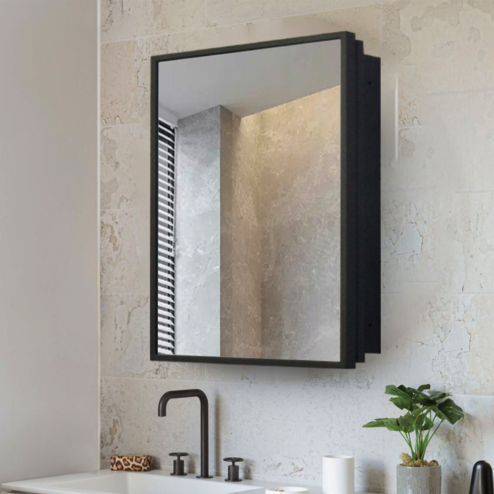 ToolCat BZ-2-75-JYG 16-in x 24-in Surface/Recessed Mount Black Mirrored Rectangle Soft Close Medicine Cabinet