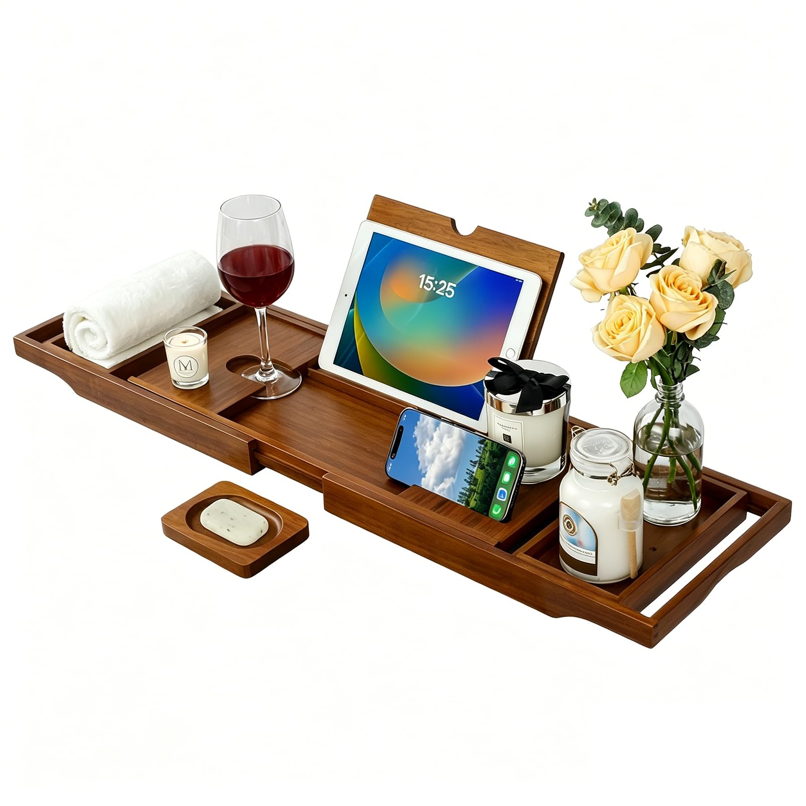 Lovav Expandable Teak Bathtub Tray Adjustable Bath Organizer Spa Storage Rack