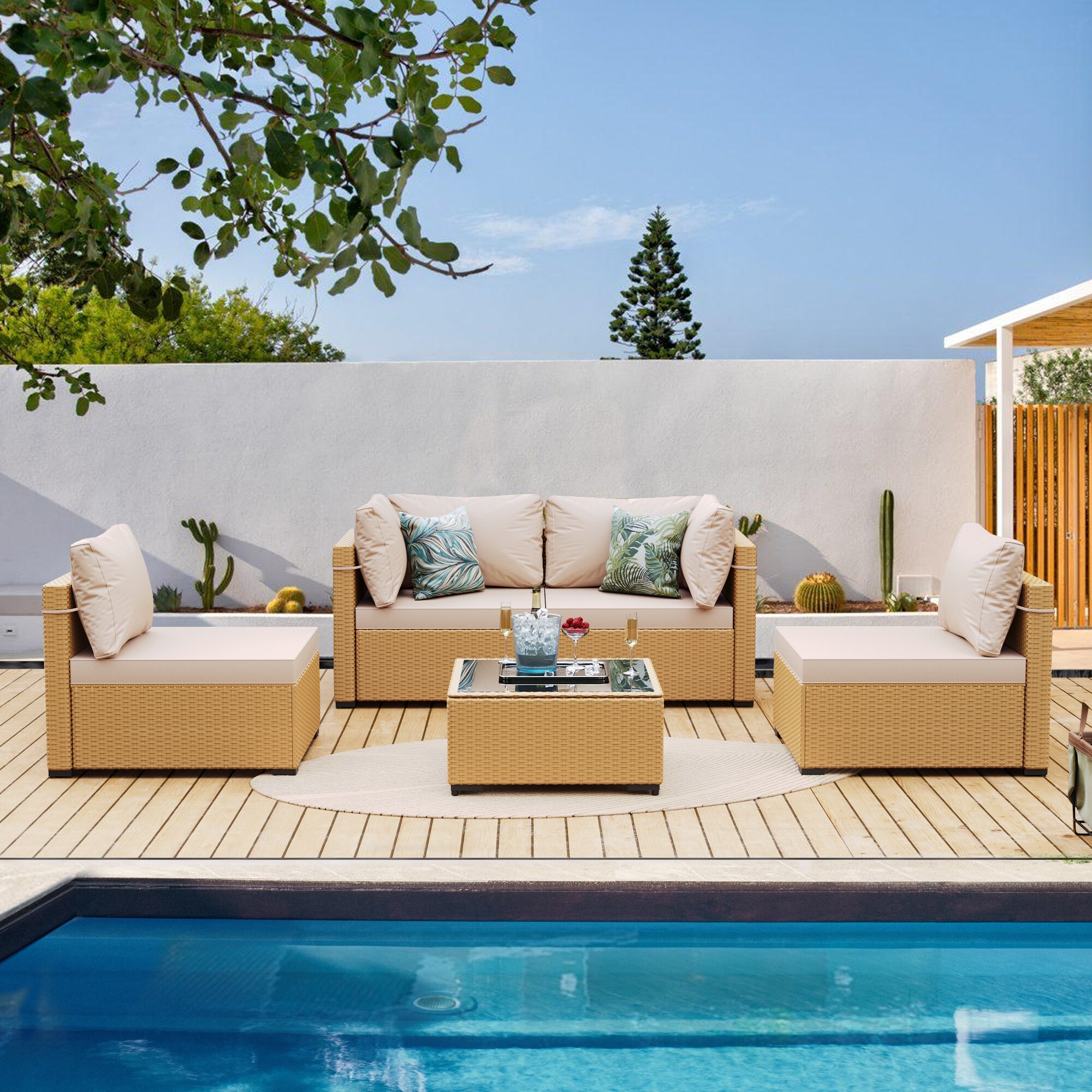Patio Watcher LS-RT5-Y1 Rattan Sofa Set 5 -Piece Wicker 4 Patio Sofa Conversation Set with Beige Cushions